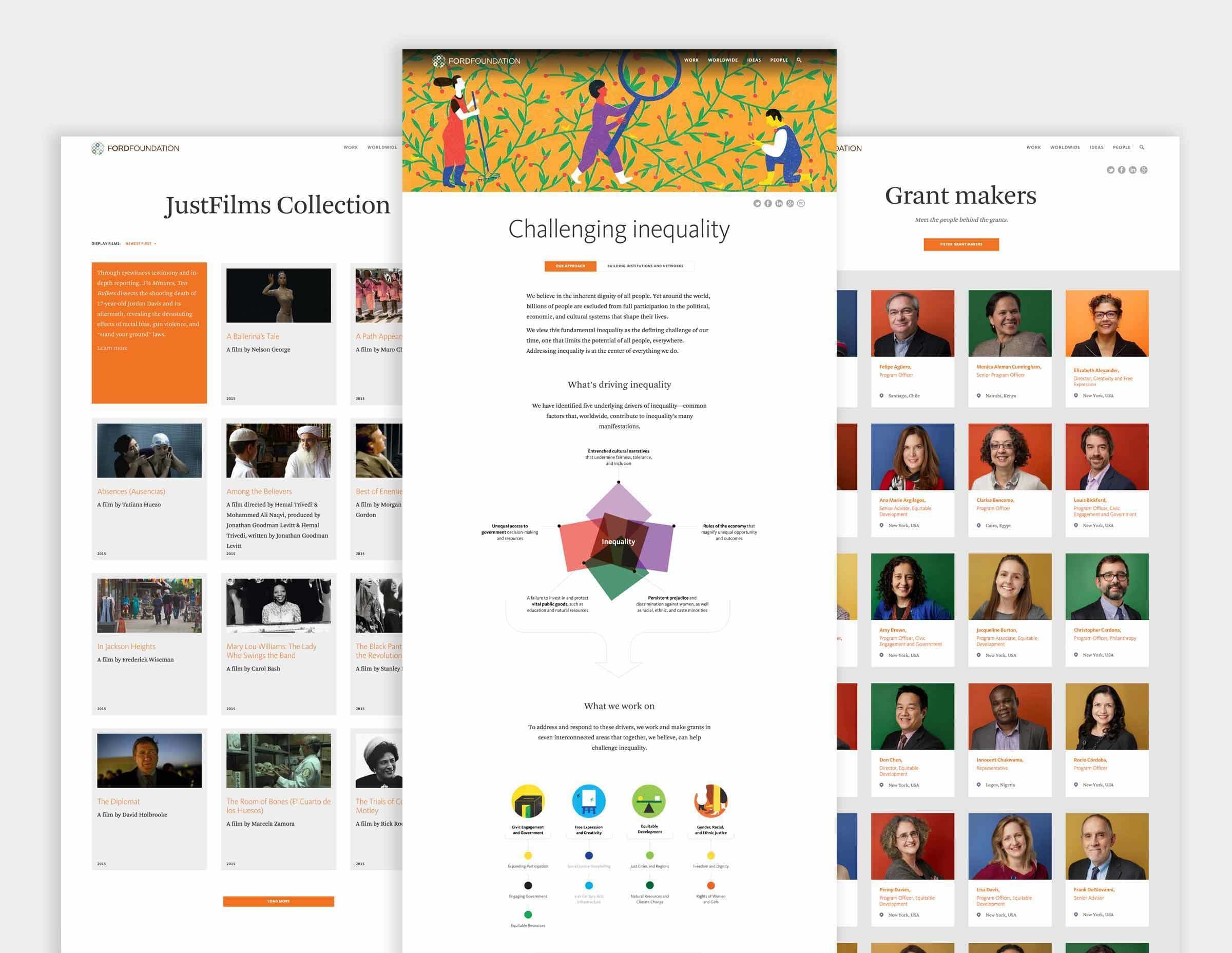 A collage of three web page screenshots. The first page lists "JustFilms Collection" articles, the second page features "Challenging Inequality" information with diagrams, and the third page shows "Grant makers," displaying photos and names of individuals.