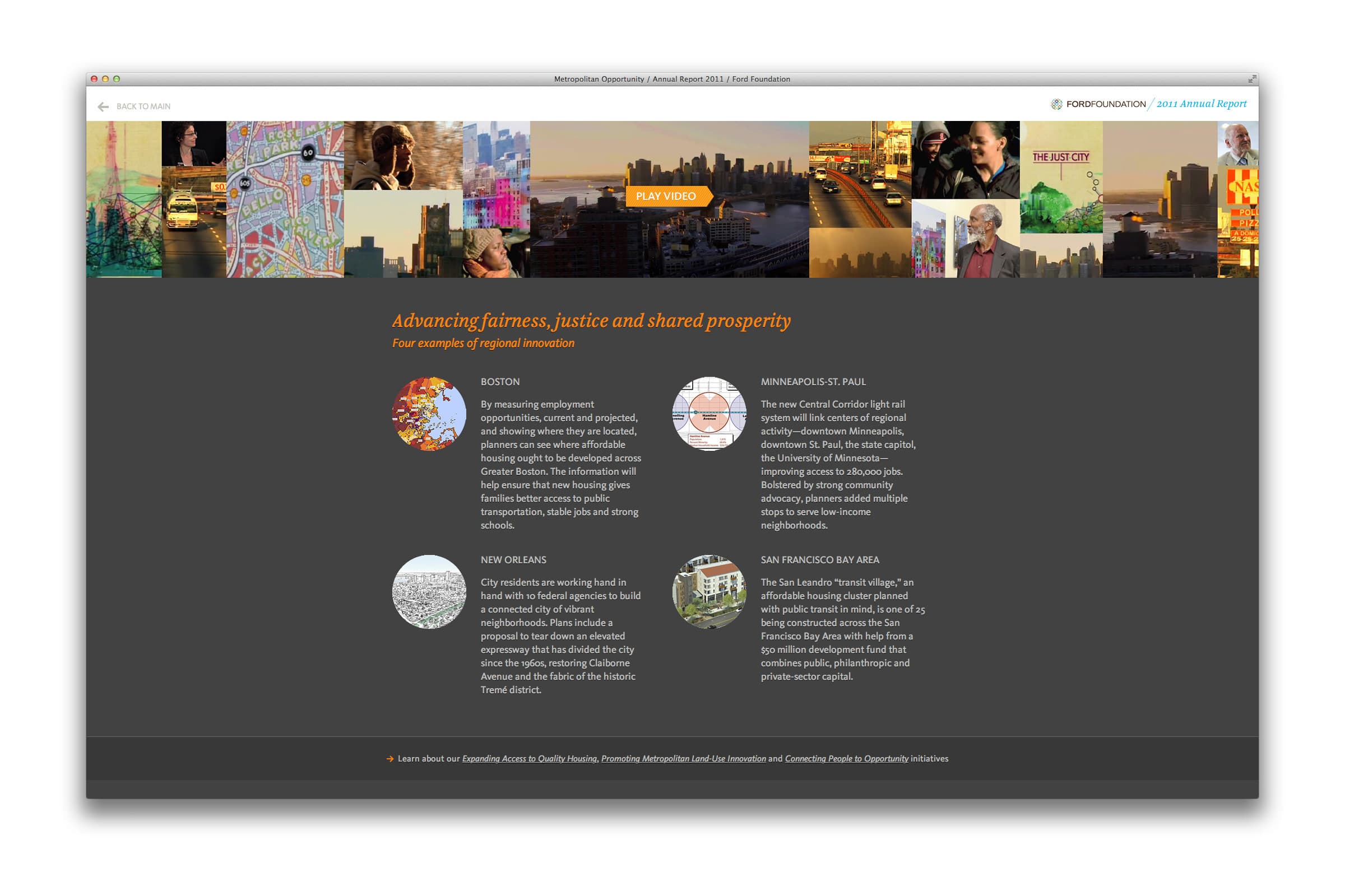 The screenshot displays a webpage titled "Advancing fairness, justice and shared prosperity." It features images of different cities at the top and descriptions of regional innovation for Boston, Minneapolis-St. Paul, Navajo Nation, and San Francisco Bay Area below.