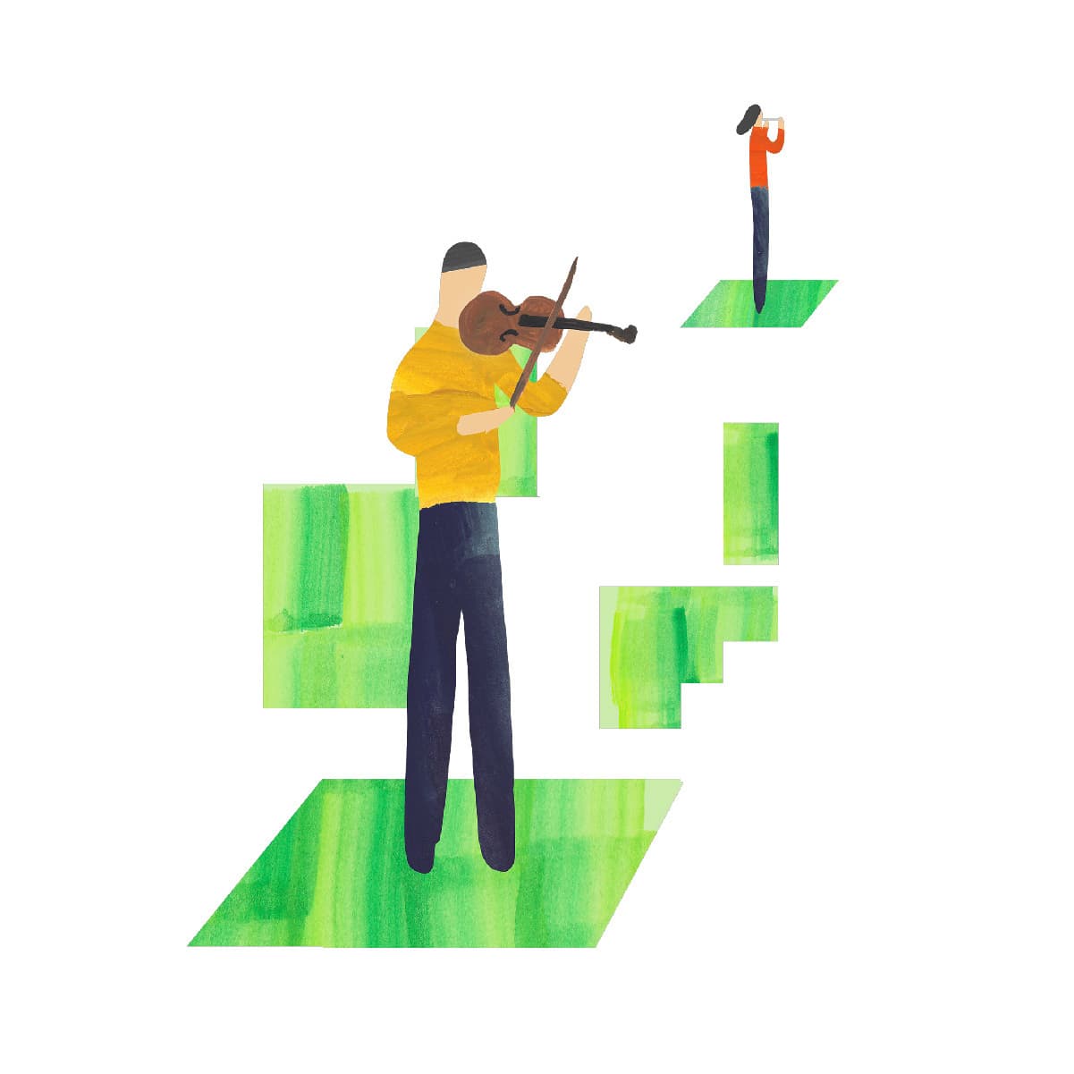 An illustration of two people playing musical instruments on floating green platforms. The person in the foreground is playing a violin, wearing a yellow shirt and dark pants. The person in the background is playing a trumpet, wearing an orange shirt and dark pants.