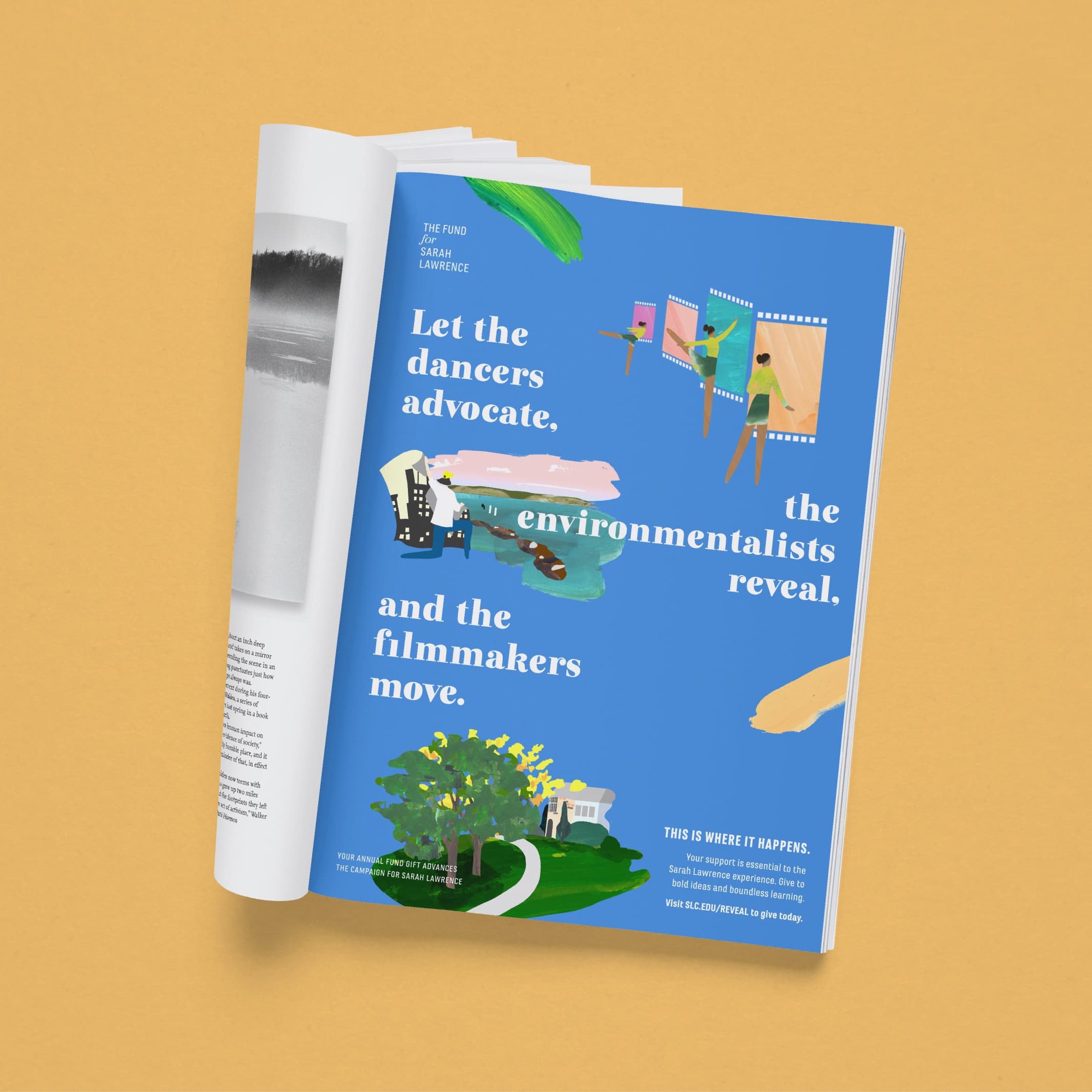 A magazine page features a vibrant blue advertisement with colorful illustrations of a dancer, an artist, and a filmmaker. The text reads, "Let the dancers advocate, the environmentalists reveal, and the filmmakers move. This is where it happens.
