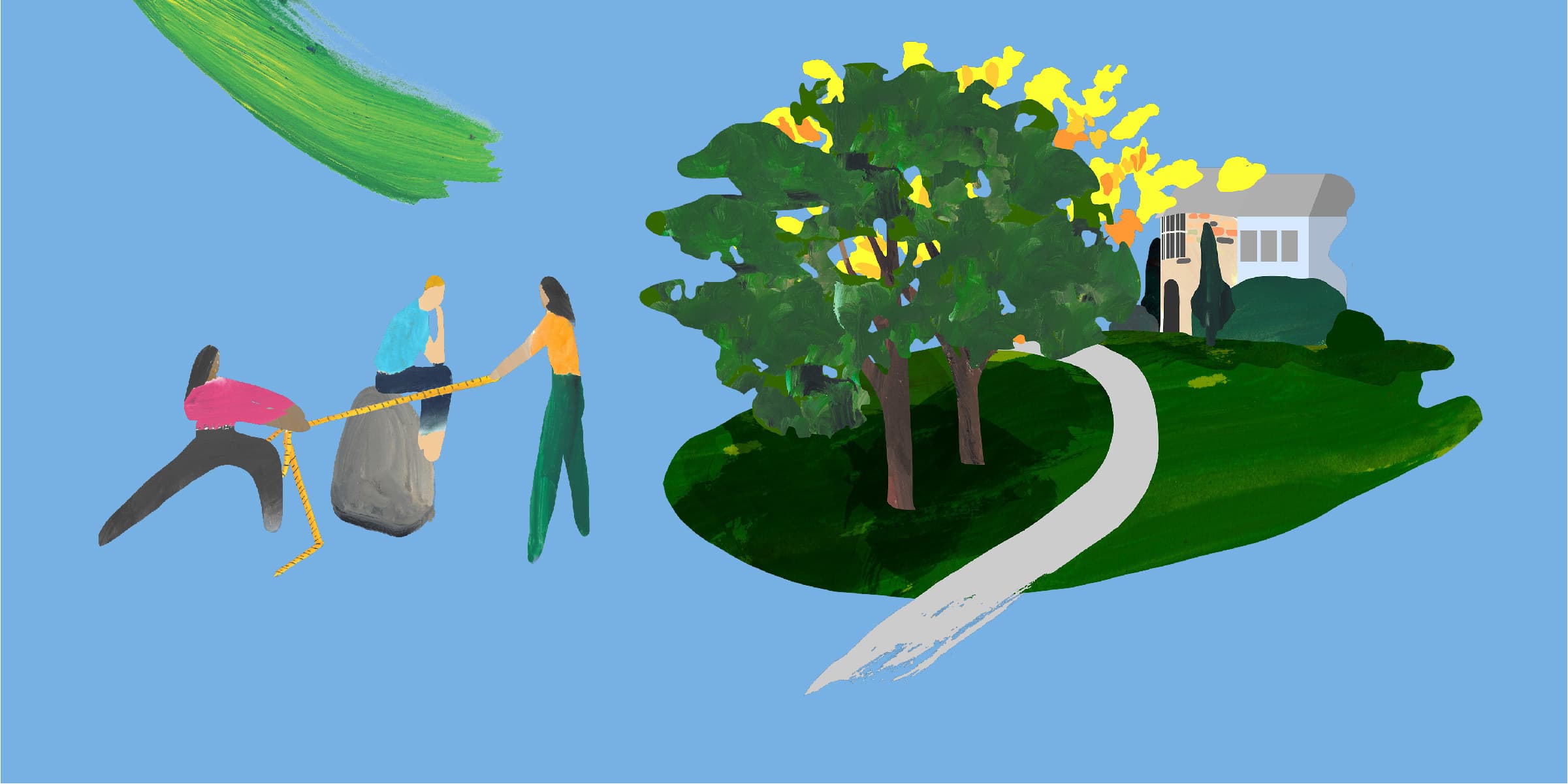 Painting of two people pulling another person on a sled near a tree and a path leading to a house. The scene is set on a blue background with green and yellow foliage around the house and path.