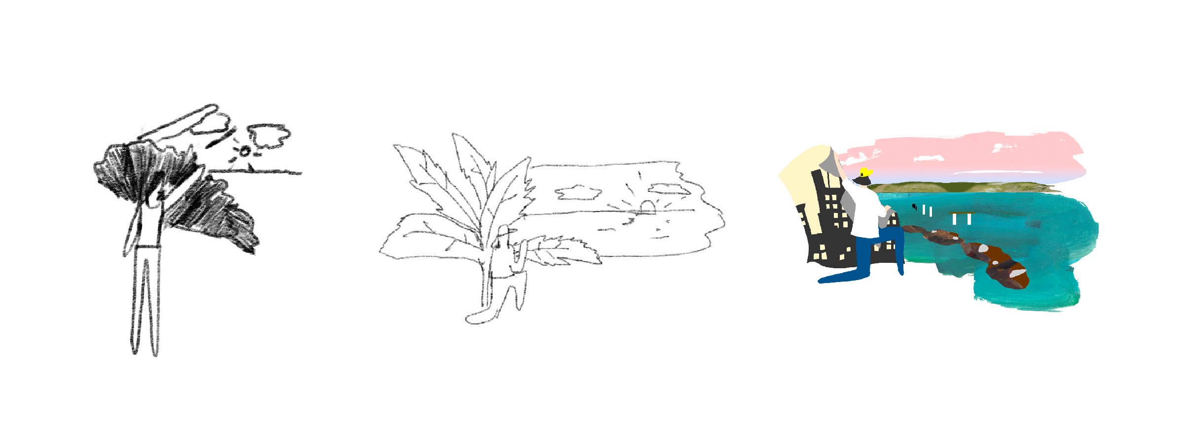 A series of three artistic sketches: on the left, a black and white abstract figure; in the middle, a minimalistic drawing of plants and rocks; on the right, a colorful coastal scene with buildings, a pathway, and ocean waves under a sunset sky.