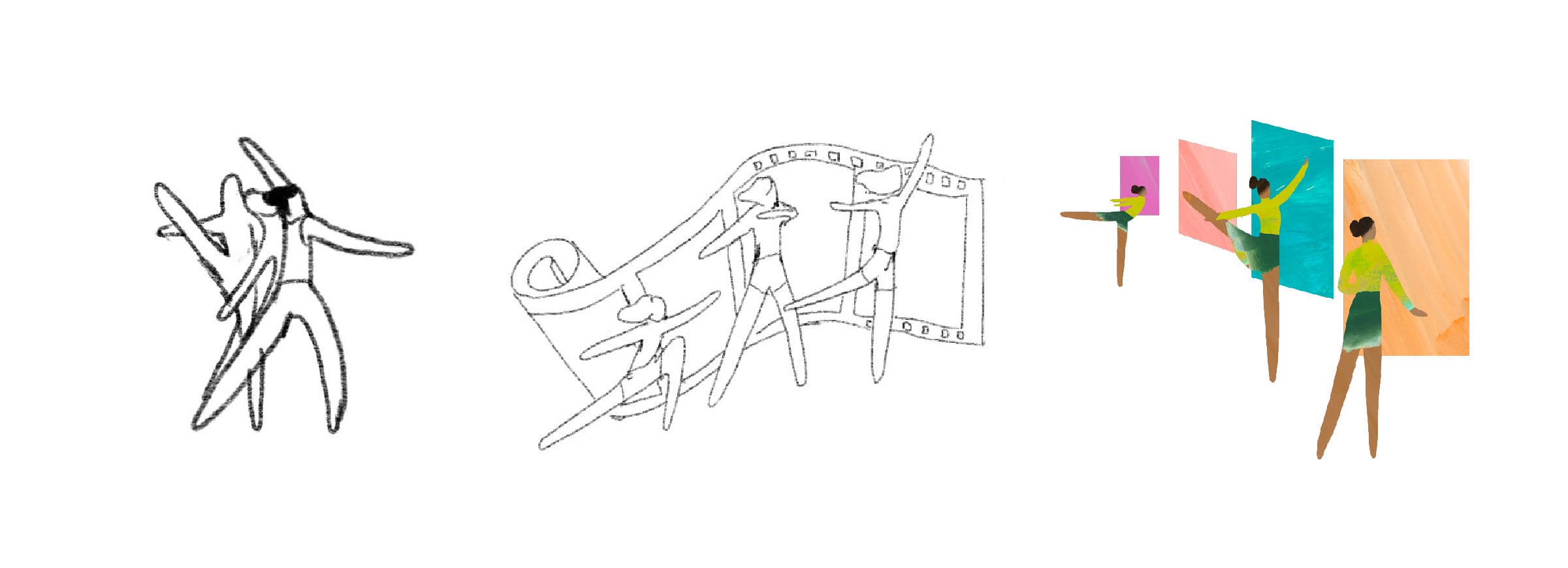 Three abstract drawings of dancers: the first features fluid lines in black and white; the second displays dancers outlined on a film strip; and the third shows colorful dancers in green and yellow practicing in front of mirrors.