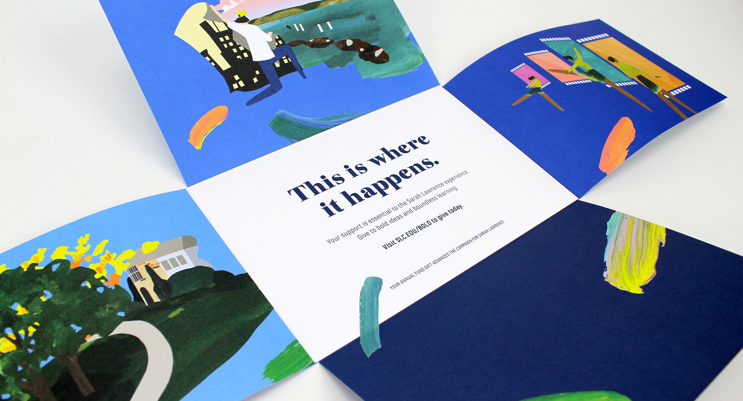 An open pamphlet with colorful illustrations of houses and landscapes on the outer flaps. The center features a message that begins with "This is where it happens" in bold text, followed by smaller text detailing an event.