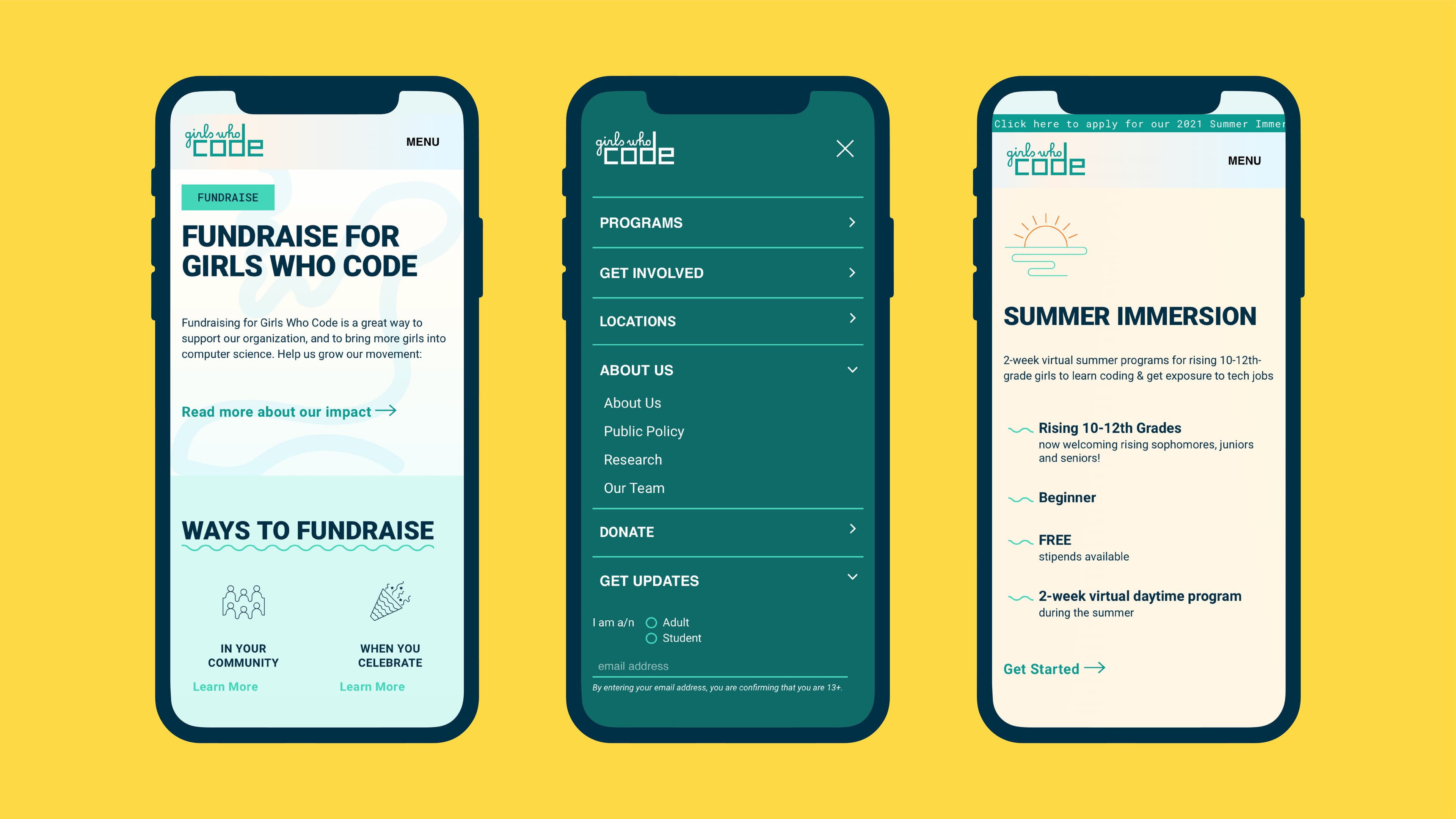 Three smartphones displaying different screens of the "Girls Who Code" fundraising and program information. The left screen highlights fundraising details, the center screen shows a navigation menu, and the right screen details the summer immersion program for 10th-12th graders.