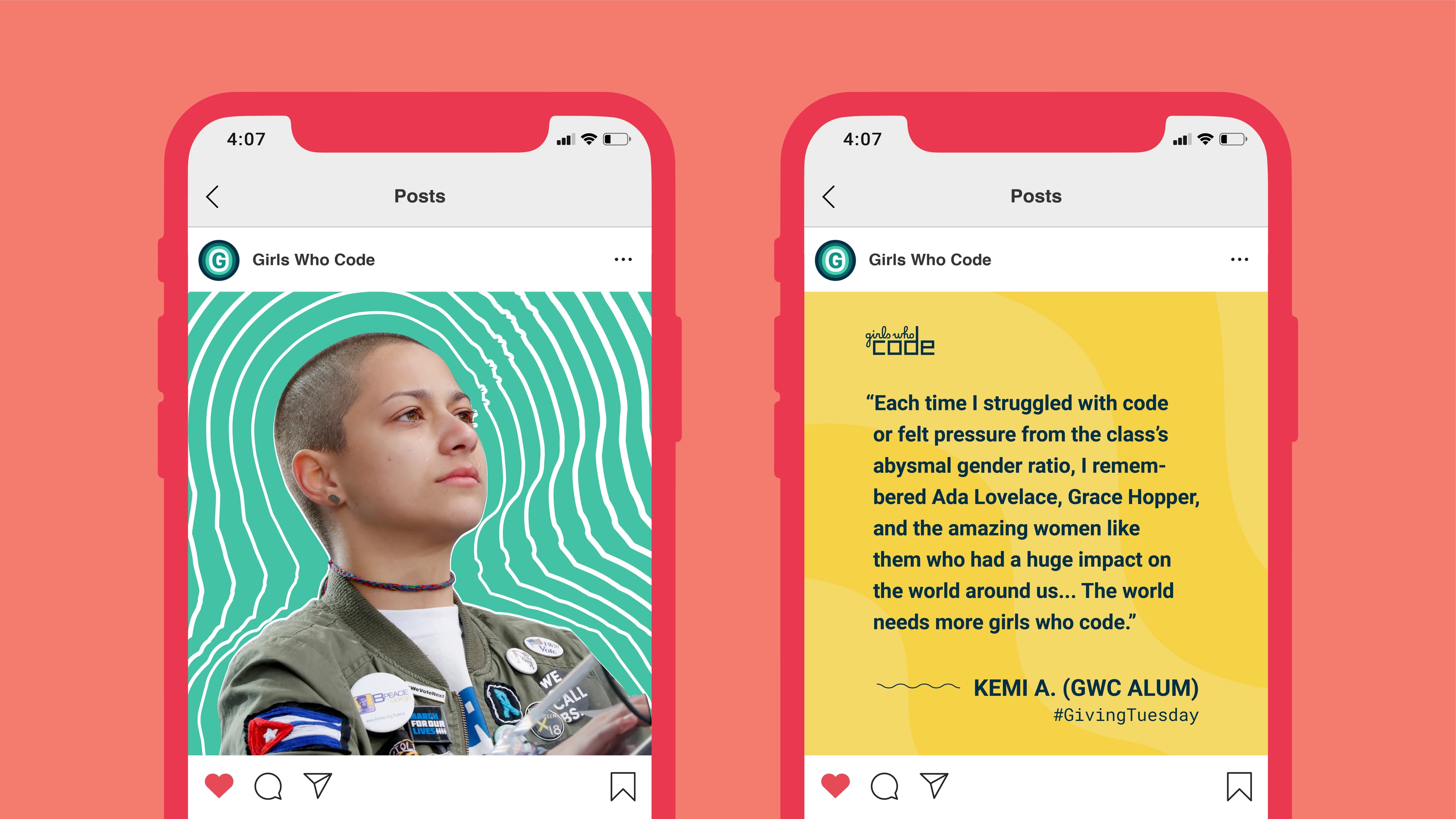 Two smartphone screens display Instagram posts by "Girls Who Code." The left post shows a confident person with short hair and a jacket with many patches. The right post features a quote from Kemi A., a Girls Who Code alum, about the importance of more girls learning to code.