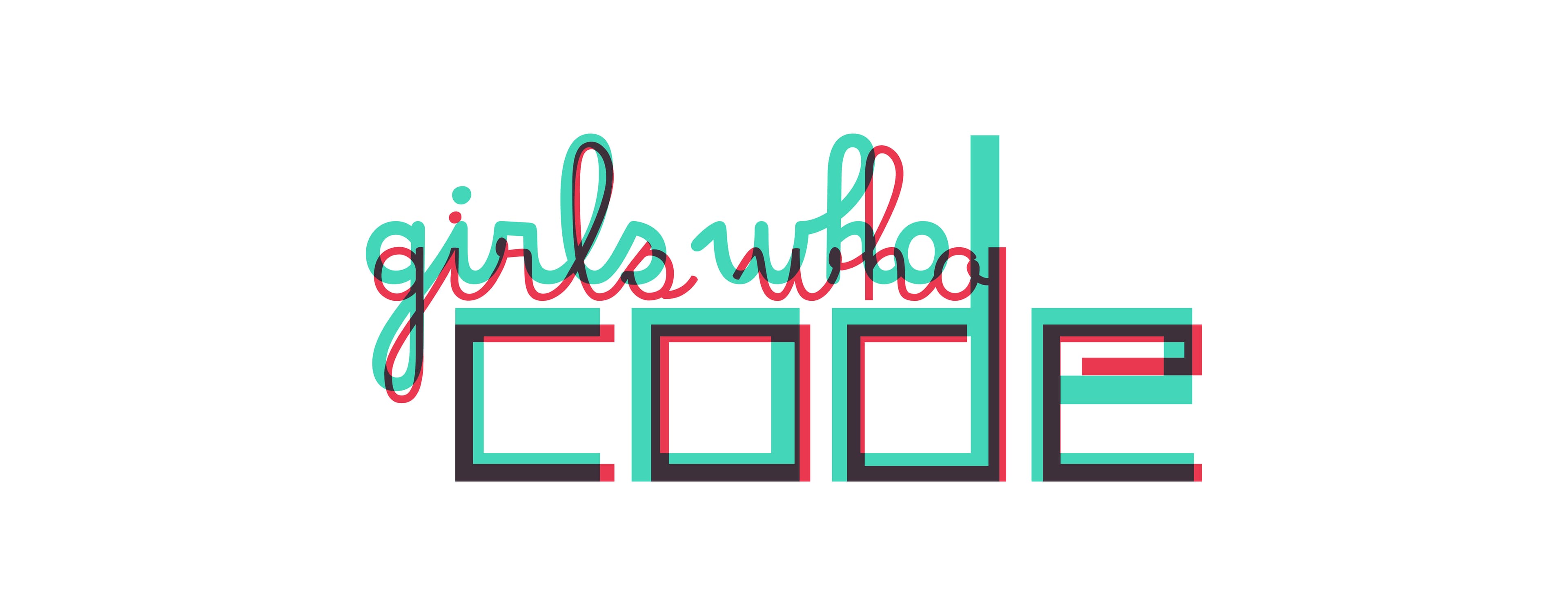 The image displays the text "girls who code" with "girls who" in a flowing, cursive style and "code" in a bold, block-style font. The colors used are teal with red and black shadows for a 3D effect. The background is white.
