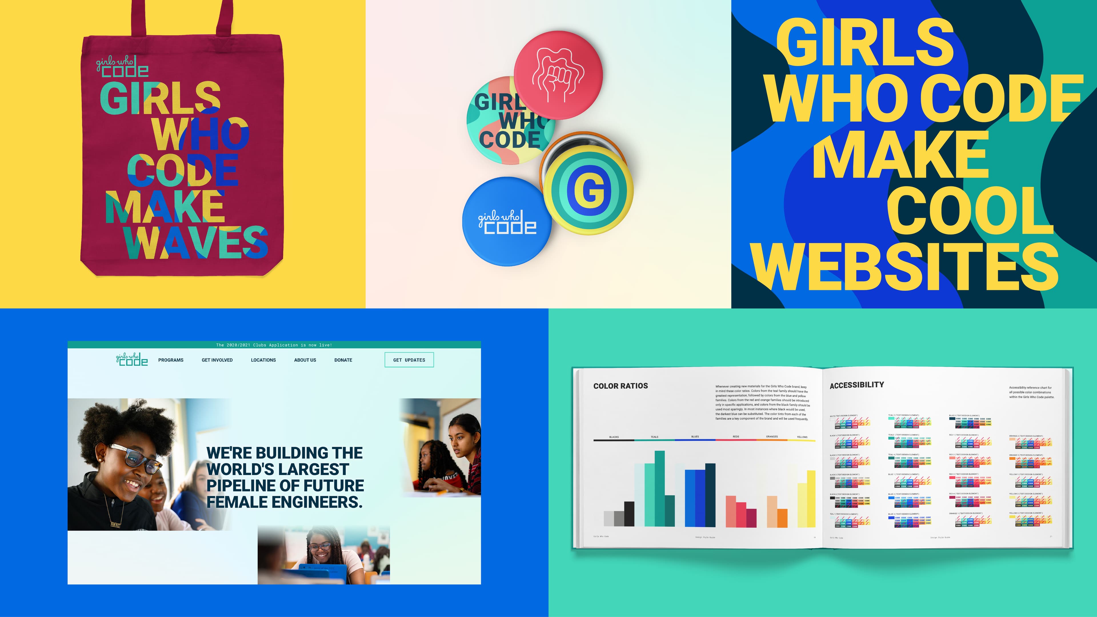 An image collage featuring branded items and promotional content for Girls Who Code. Items include a tote bag, pins, a website screenshot showcasing a statement about building female engineers, and a booklet showing color ratios and accessibility information.