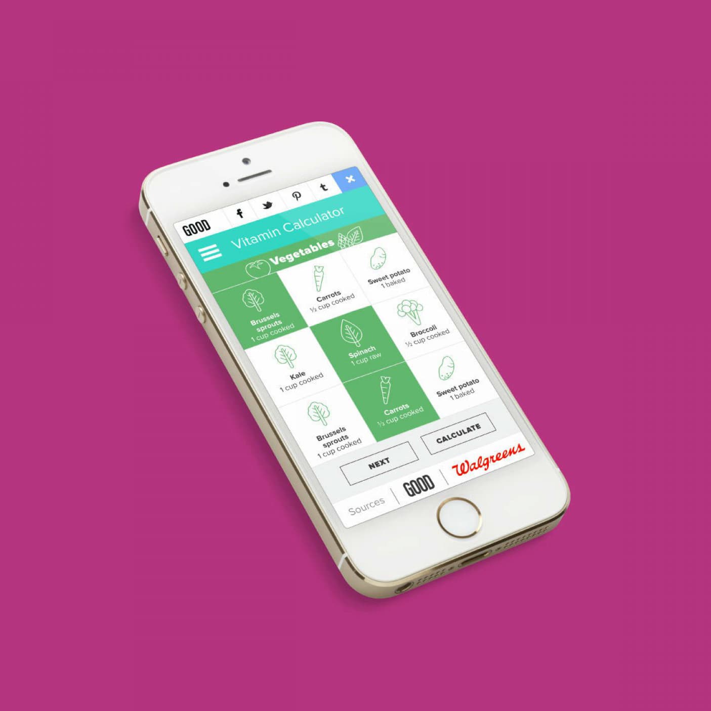 A smartphone displaying a Vitamin Calculator app with a teal and white interface on the screen. The banner at the top reads "Vitamin Calculator" with icons for various vegetables and their nutritional values below. The phone is on a pink background.