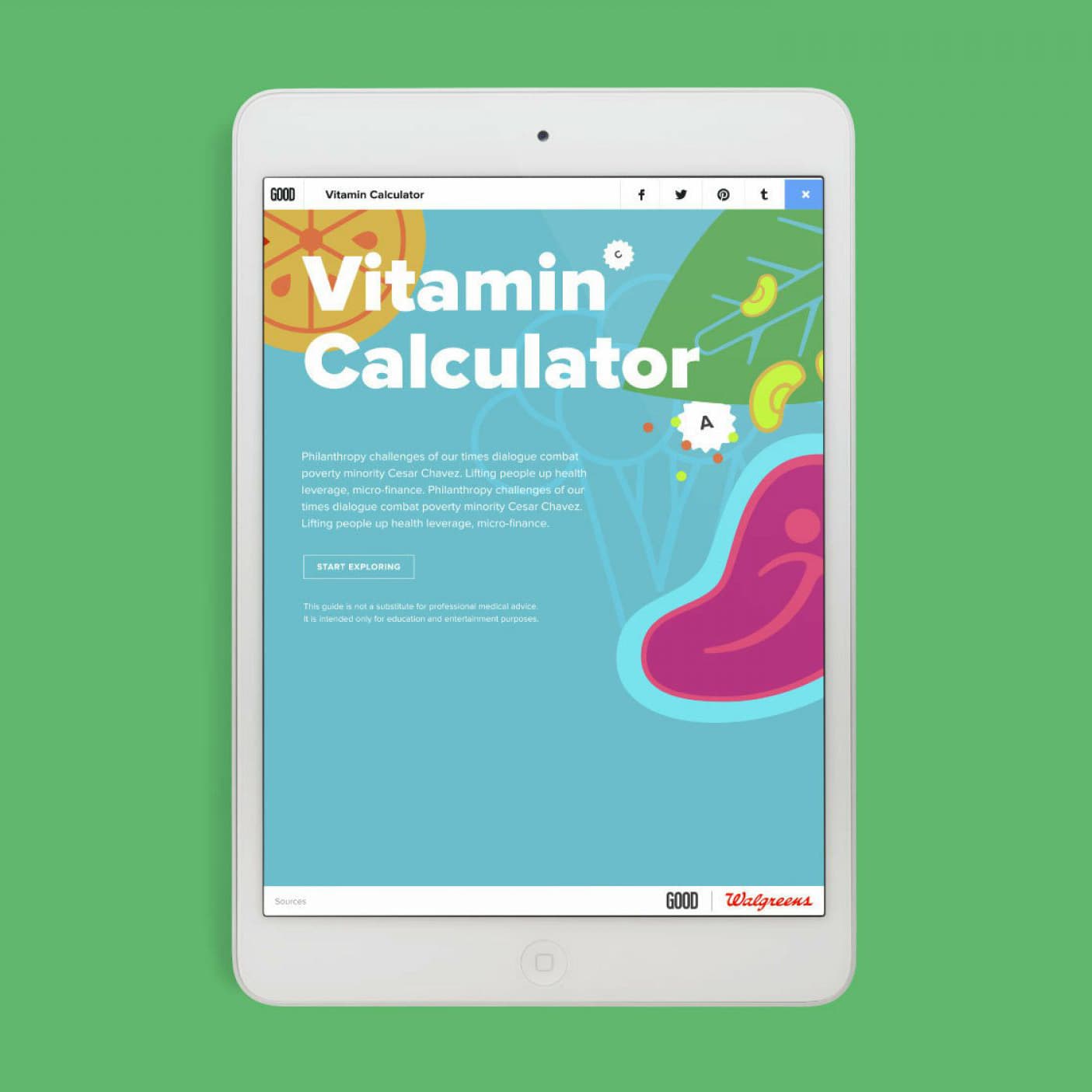An iPad displaying a "Vitamin Calculator" webpage on a green background. The screen shows colorful graphics with fruits and vegetables in the background, and options to start the calculator. The page contains a logo of "GOOD" at the bottom.