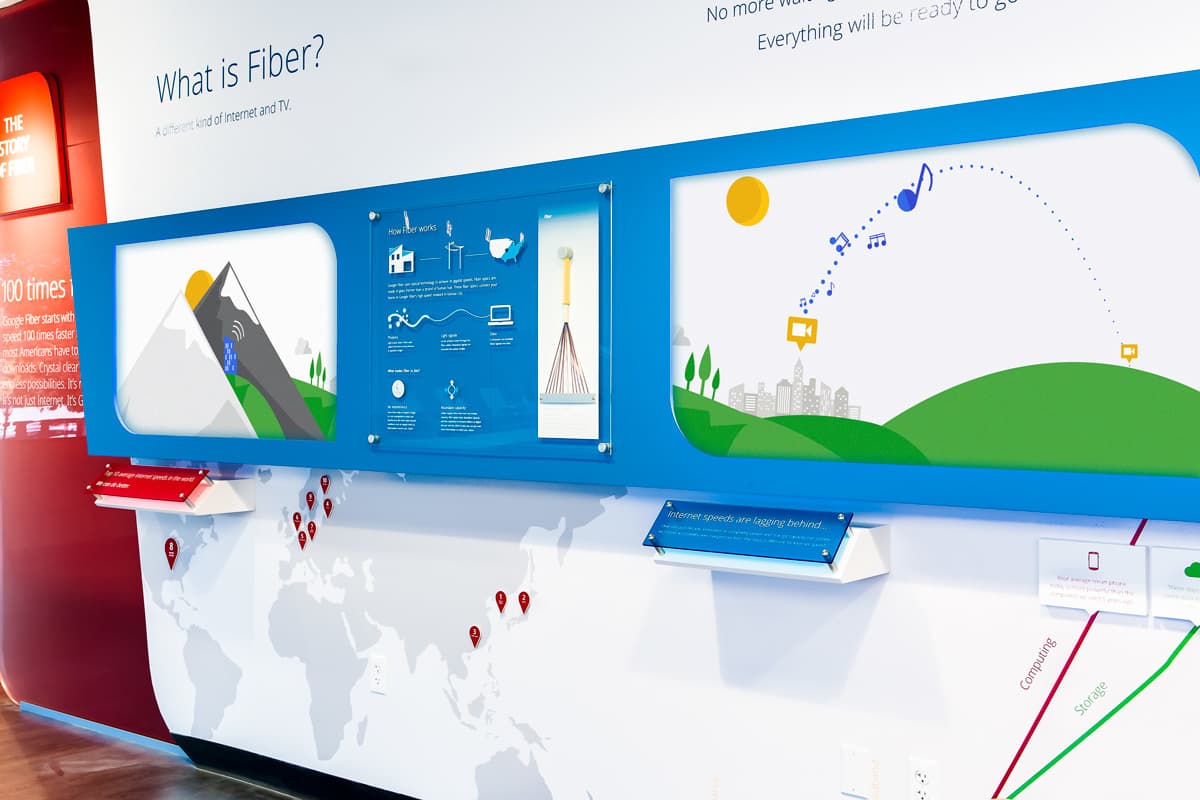 An informative display about fiber internet shows a graphic of a mountain with fiber cables, a map with location markers, and diagrams illustrating technology and internet connectivity. Text explains fiber technology with colorful visuals on a white wall.