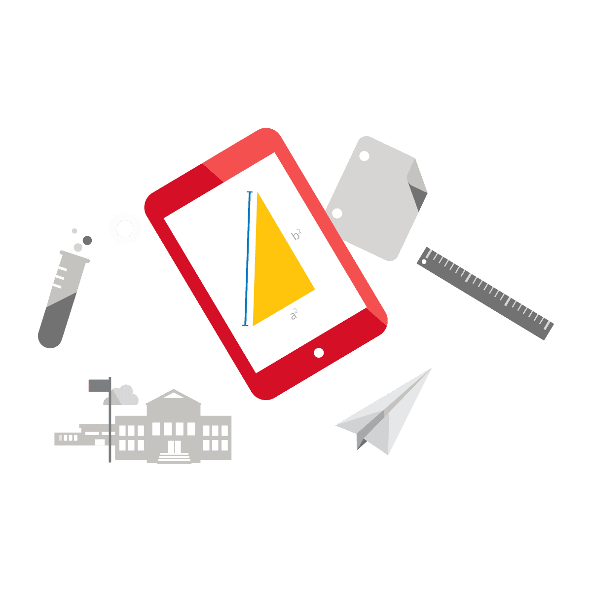 A red tablet displaying a geometric diagram is centered. Surrounding it are a gray cube, a ruler, a paper airplane, a test tube with a chemical reaction, a white dot, and an icon of a white building resembling a school with a flag on top.