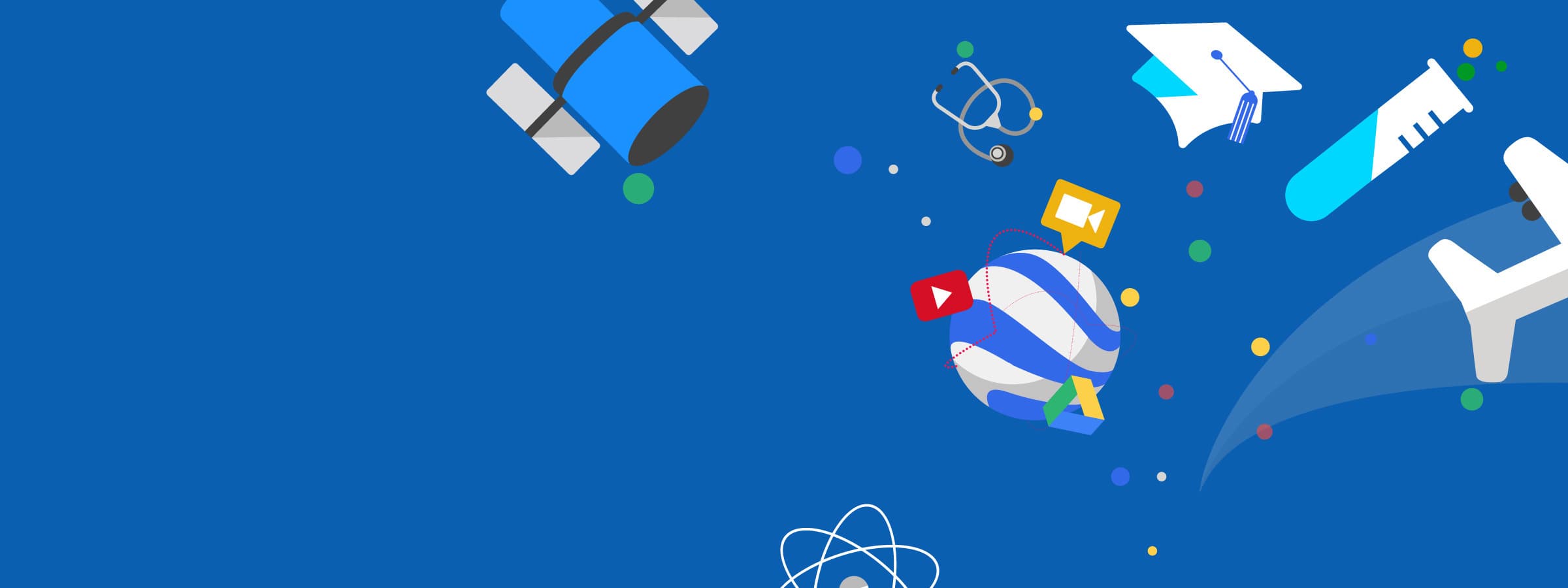 A blue background with various illustrations: a satellite, graduation cap, stethoscope, test tube, airplane, and a globe with digital icons around it. These symbols suggest themes of education, science, technology, and global connectivity.