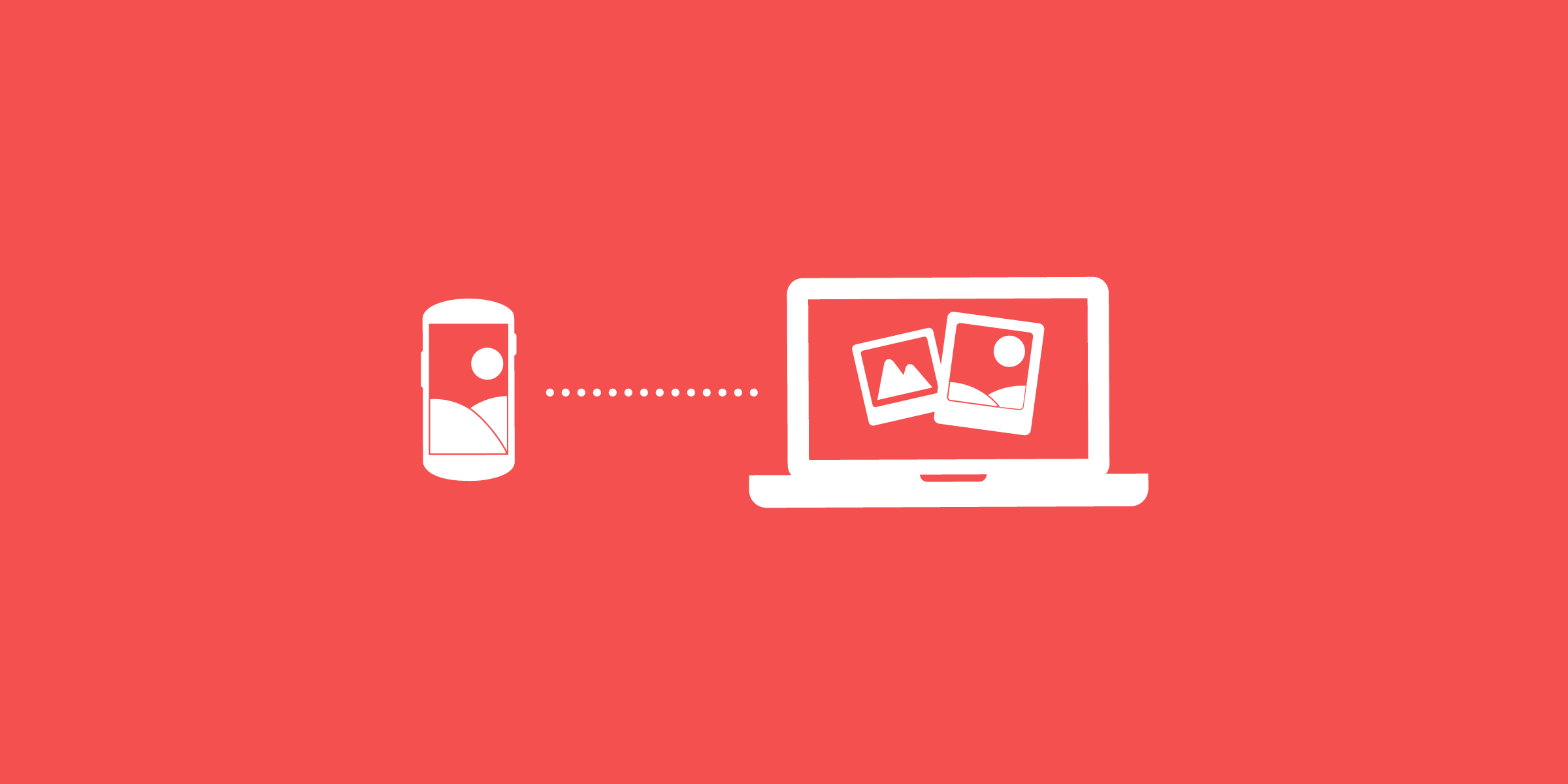 A simplified illustration shows a smartphone on the left and a laptop on the right, both against a red background. The devices are connected by a series of dots, indicating data transfer. The laptop's screen displays two photo icons.
