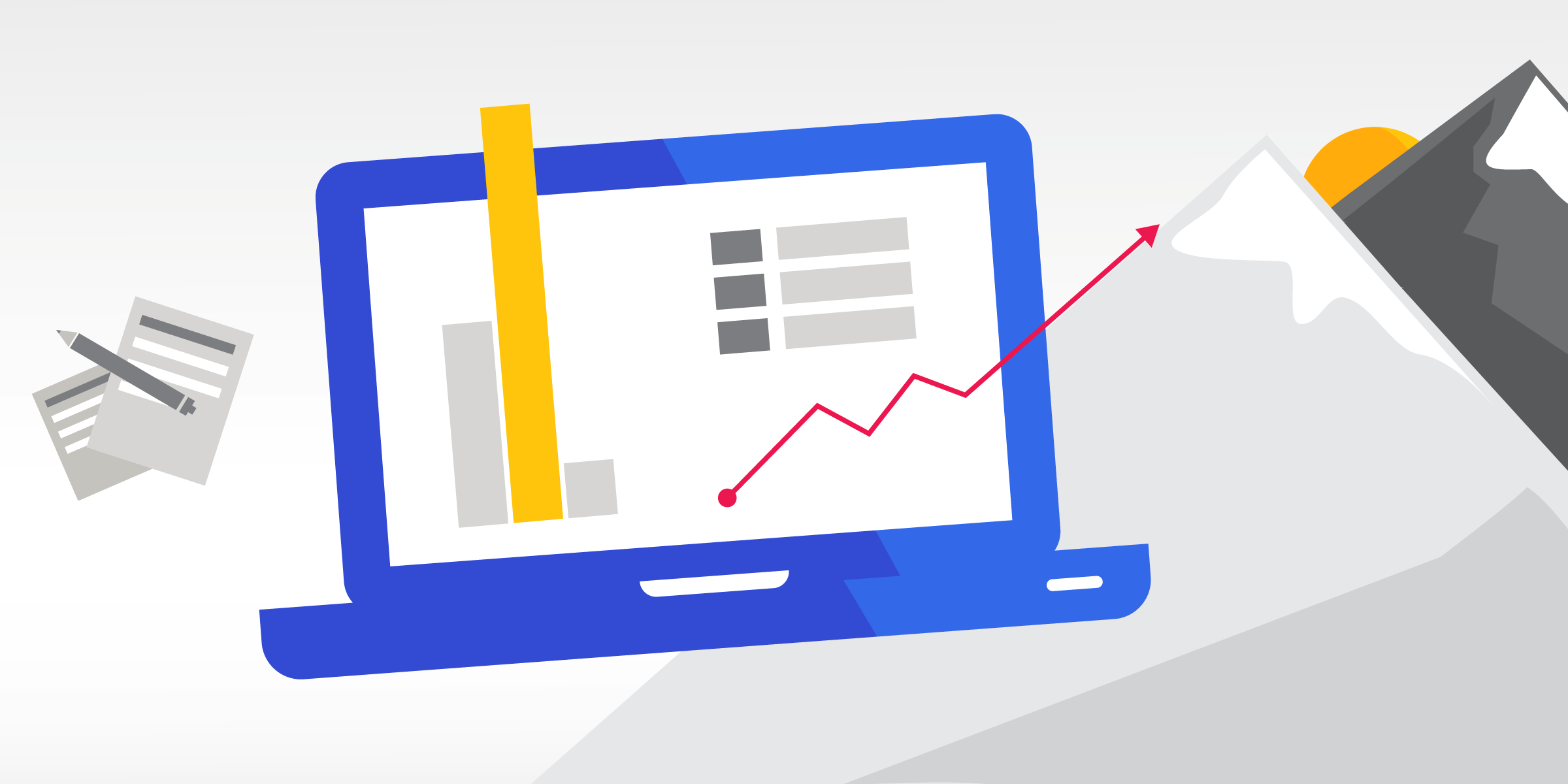 Illustration of a laptop showing bar and line graphs, symbolizing data analysis. There are documents with a pen on the left and a gray mountain with a small portion illuminated by the sun on the right, suggesting achievement or progress.