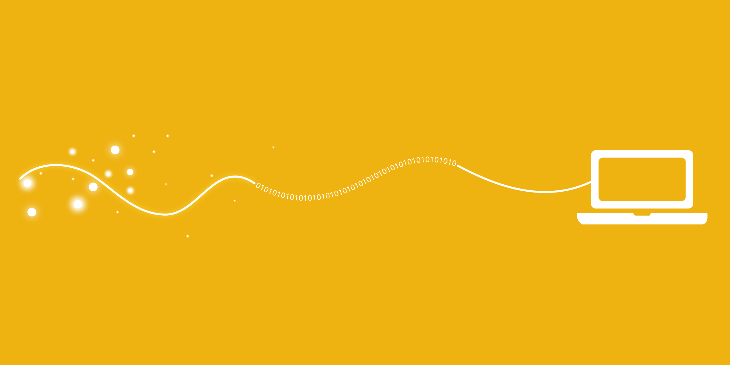 A yellow background image features a white laptop on the right side. A wavy white line with binary code (0s and 1s) extends from the laptop, turning into sparkles and fading out on the left side, symbolizing data transformation or communication.