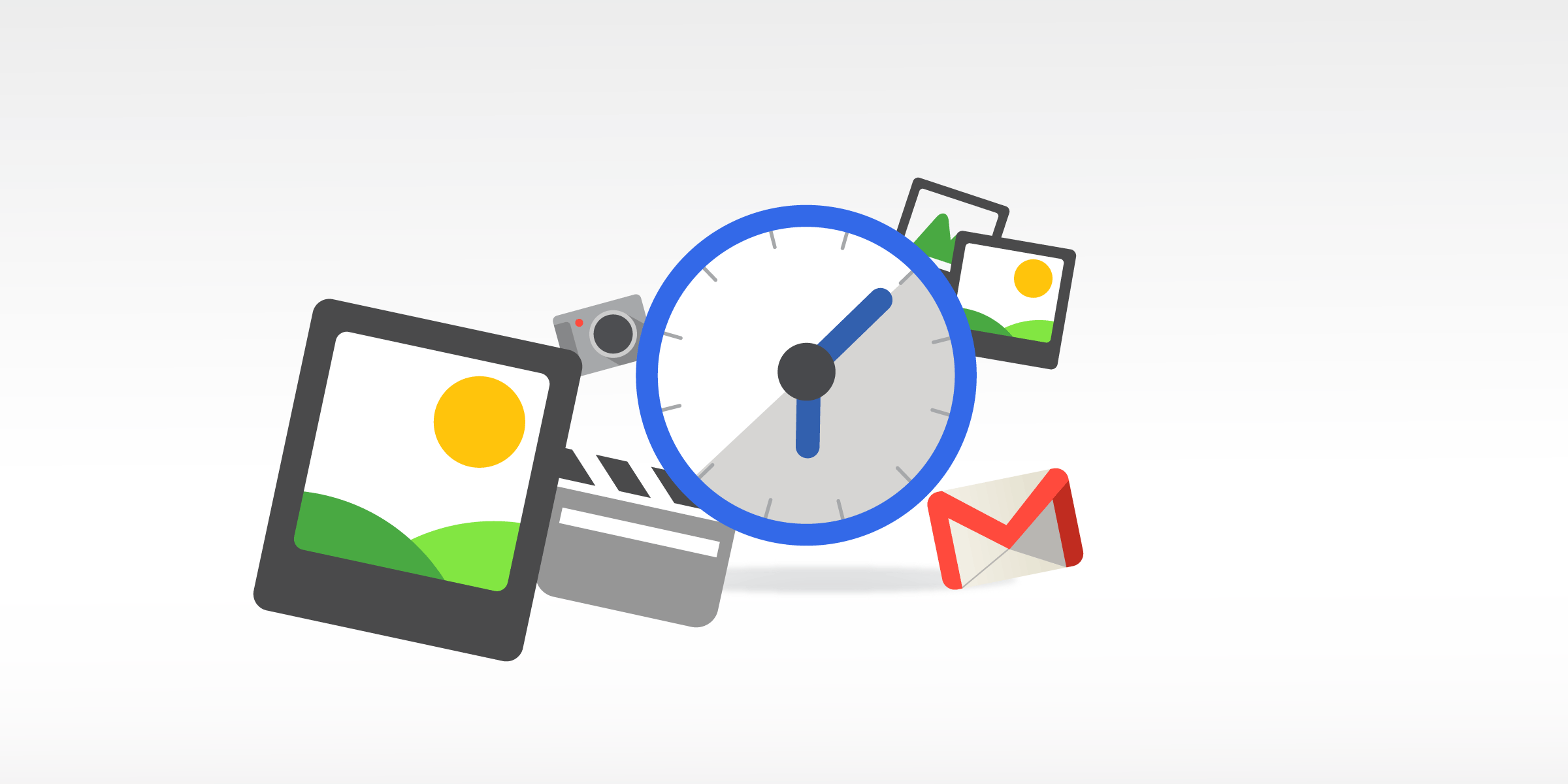 Illustration of a clock surrounded by various digital media icons including a photo, a video camera, a film clapperboard, an envelope, and pictures. The background is a gradient light gray.
