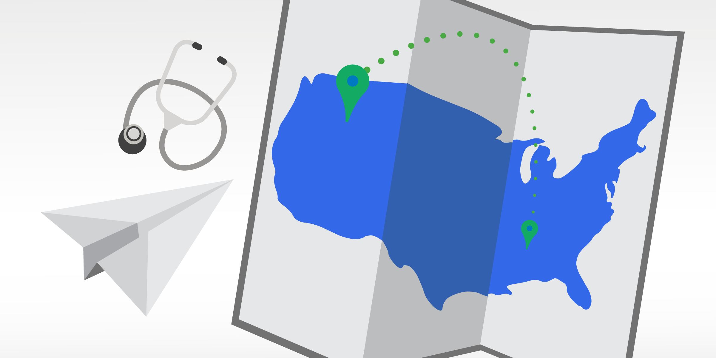 Illustration of a map of the United States with two green location markers connected by a dotted line. A stethoscope and a paper airplane are shown beside the map, suggesting a theme related to medical travel or healthcare logistics.