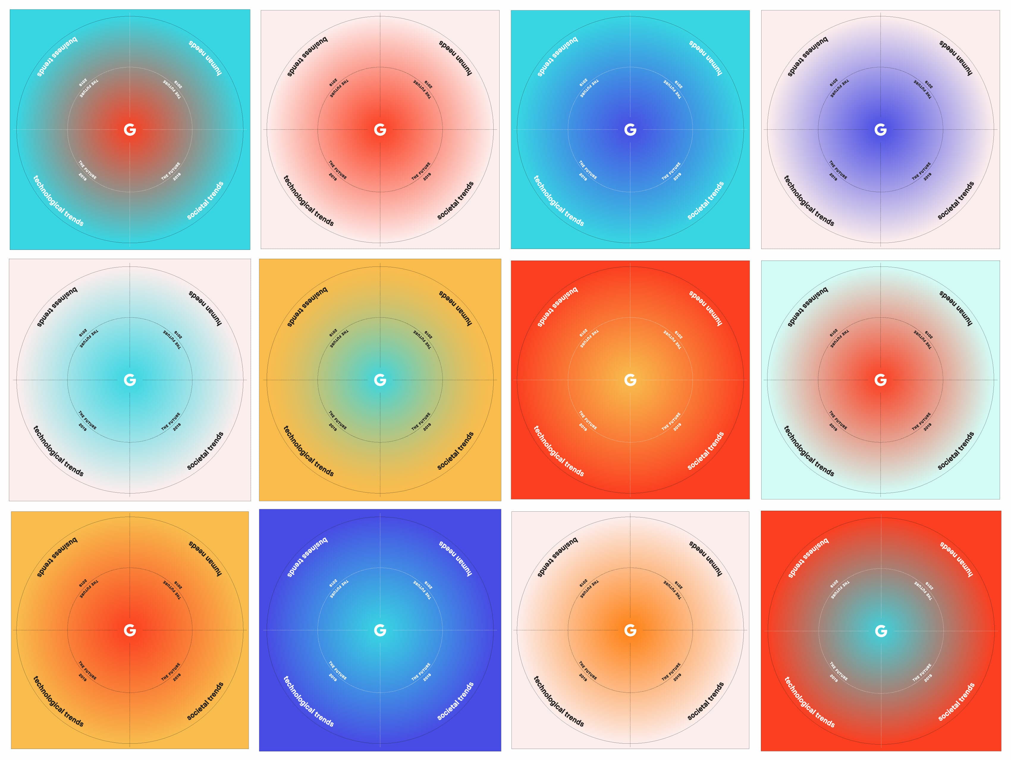 This image shows a 4x3 grid consisting of 12 circular gradient charts, each with a central "G" and labeled axes. The charts display various color gradients ranging from blue to red, with differences in intensity and gradients in each chart.
