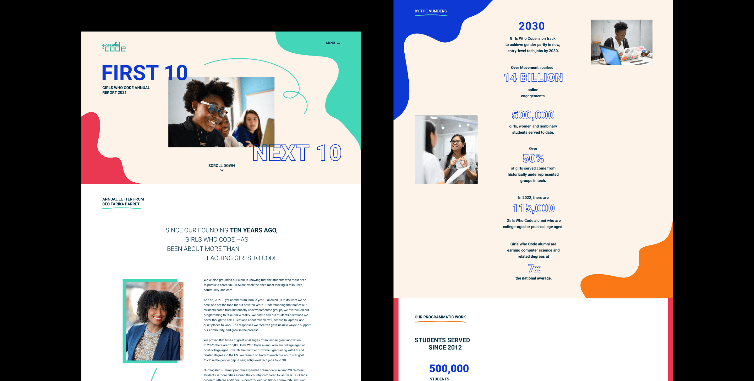 Two colorful infographic panels. The left panel highlights "FIRST 10" and "NEXT 10" with photos of smiling individuals, and text about achievements and goals. The right panel outlines visionary goals for 2030, including reaching 14 billion students, with supporting statistics and images.