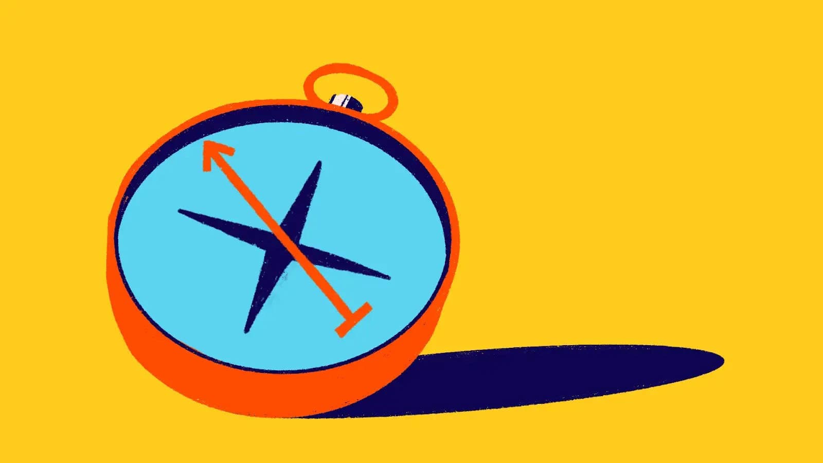 Illustration of a compass with an orange border and a blue face on a yellow background. The compass needle points diagonally, casting a dark shadow to the right.