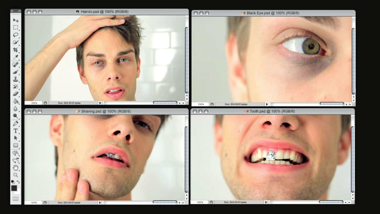 A split-screen image shows four separate close-up views of a man's face featuring different areas. Top left: the man touching his forehead. Top right: a close-up of his eye. Bottom left: his chin with shaving foam. Bottom right: his mouth with a toothbrush.