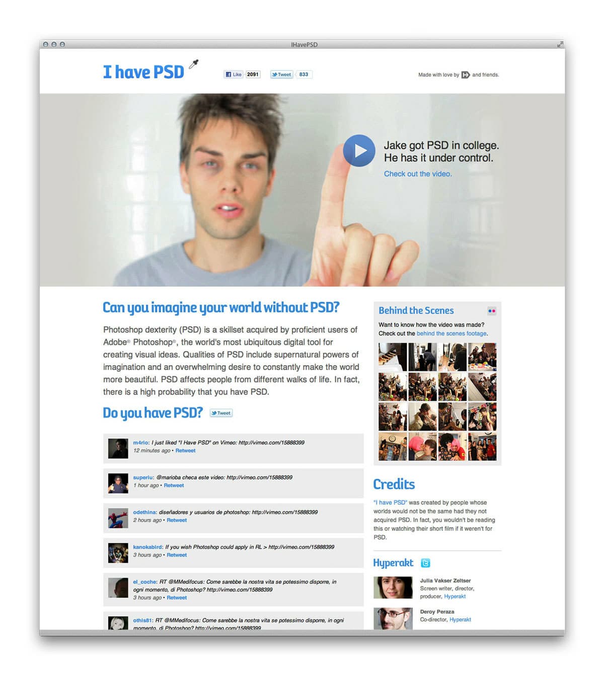 A webpage titled "I have PSD" featuring a man pointing to his head accompanied by text about having "Photoshop Dexterity Syndrome." There are links to a video, a story about "Jake," testimonials, images in the "Behind the Scenes" section, and site credits.