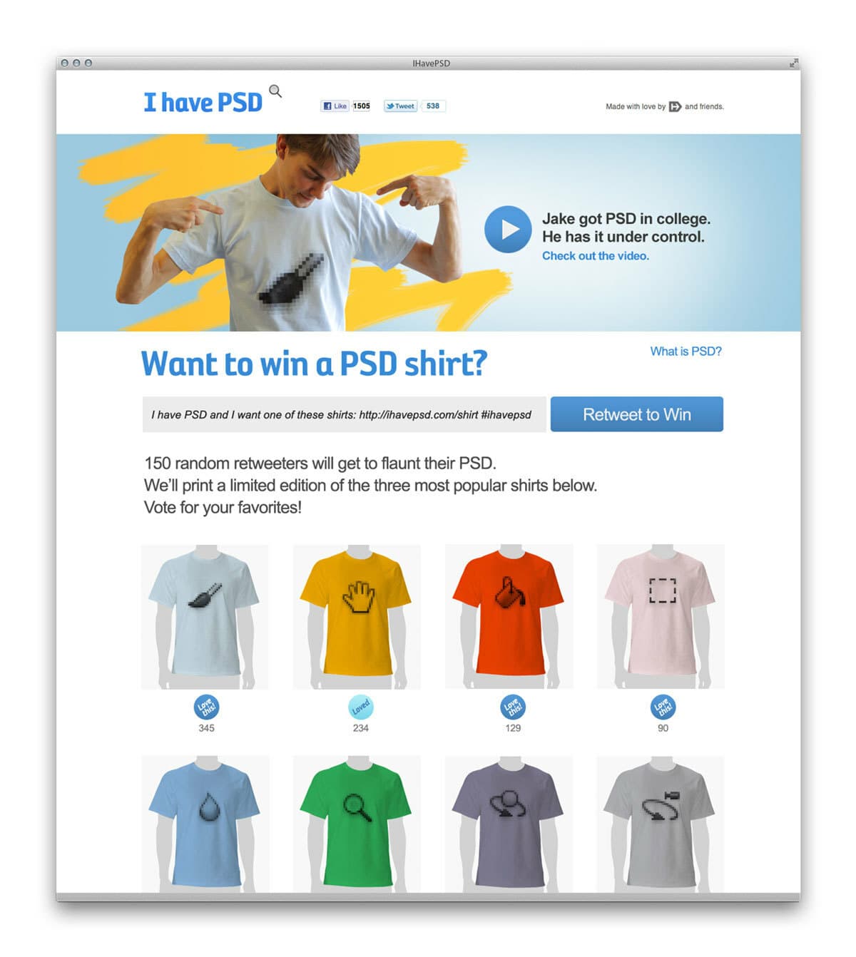 Screenshot of a website promoting a contest to win a PSD-themed T-shirt. A man points to his white shirt with the PSD icon. Below, users can vote for favorite shirt designs in various colors, featuring the PSD icon and different art elements. Options to retweet are also visible.