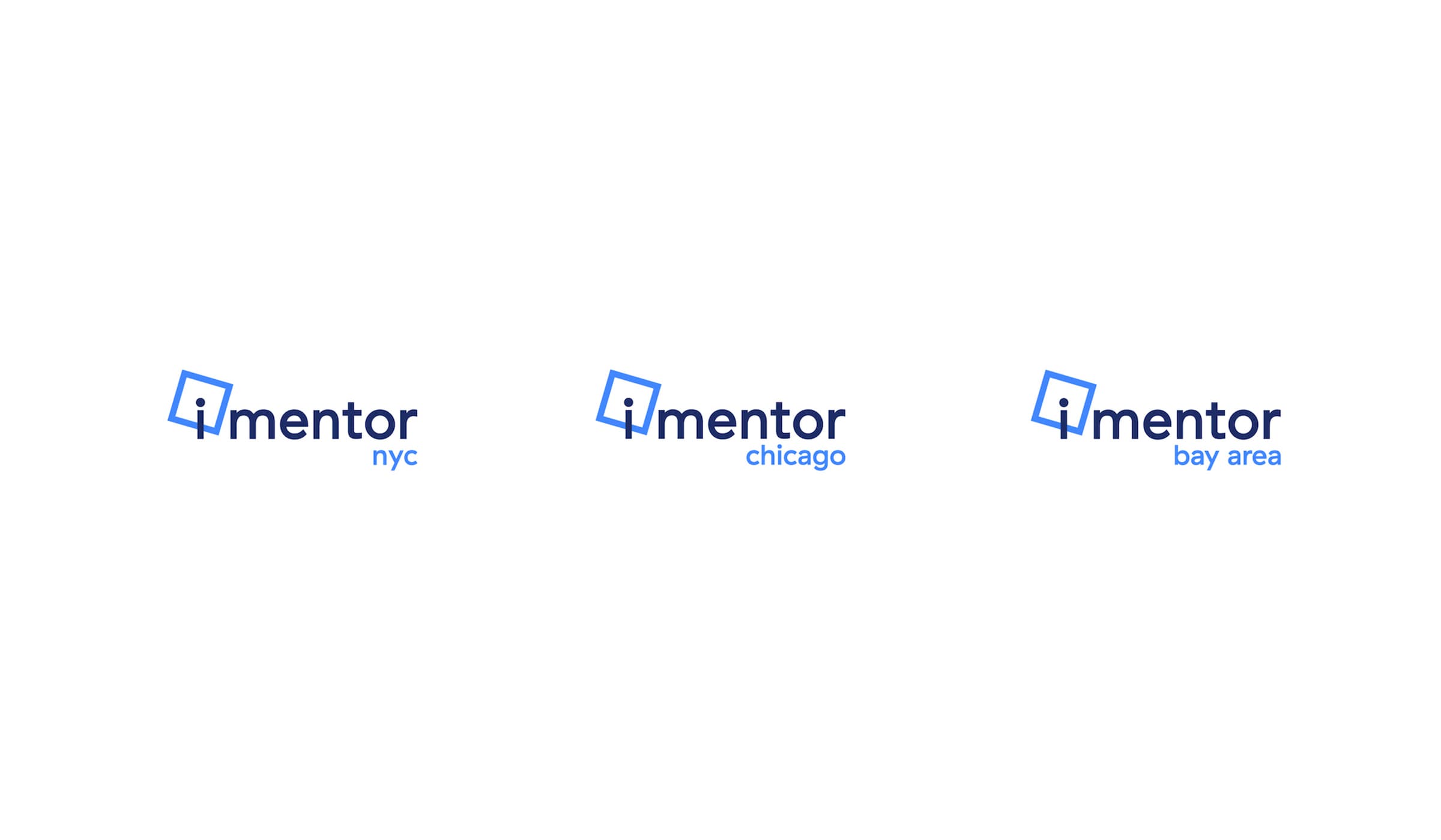 Three logos of "iMentor" organization, each representing different regions: "iMentor nyc" on the left, "iMentor chicago" in the center, and "iMentor bay area" on the right. Each logo consists of a blue uppercase "I" within a small tilted square next to the word "mentor.