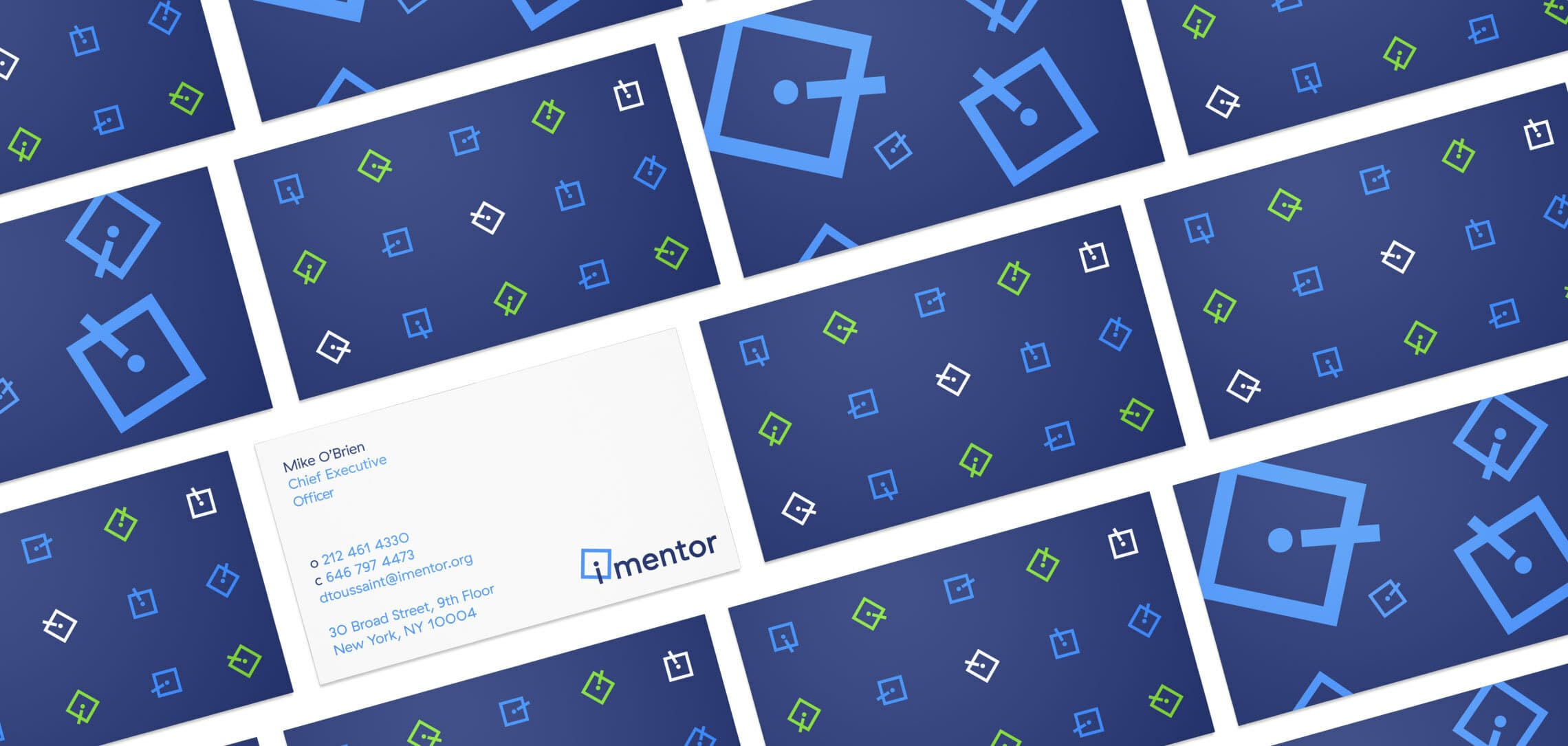 A display of multiple business cards laid out in a tiled pattern. Each card features a modern, minimalistic design with abstract blue and green geometric shapes on a dark blue background. The forefront card shows contact information for a CEO at "4mentor.