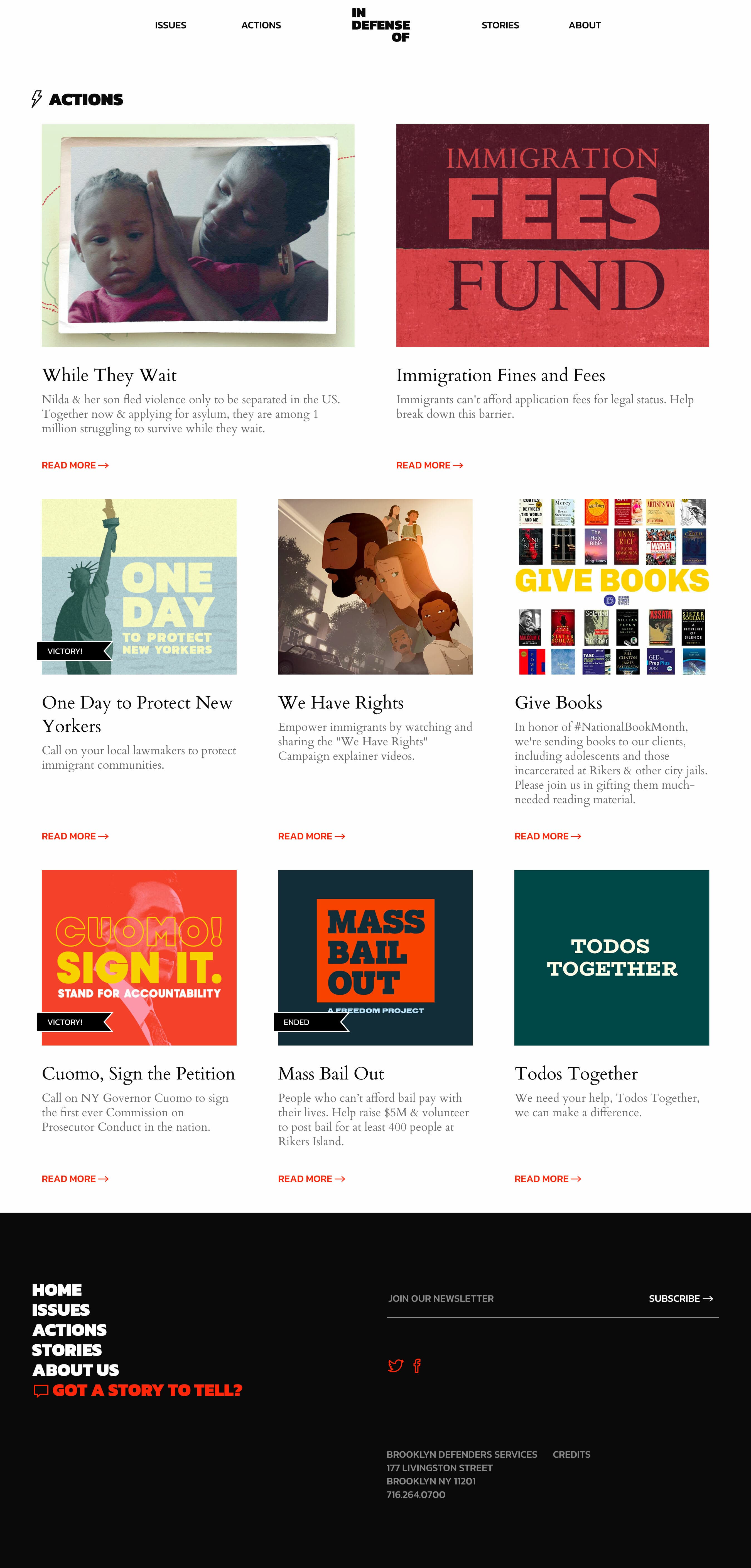 Screenshot of a webpage showing actions to take. Titles include "While They Wait," "Immigration Fees and Fees," "One Day to Protect New Yorkers," "We Have Rights," "Give Books," "Cuomo, Sign the Petition," "Mass Bail Out," and "Todos Together." Each action has a brief description and a "READ MORE" link.