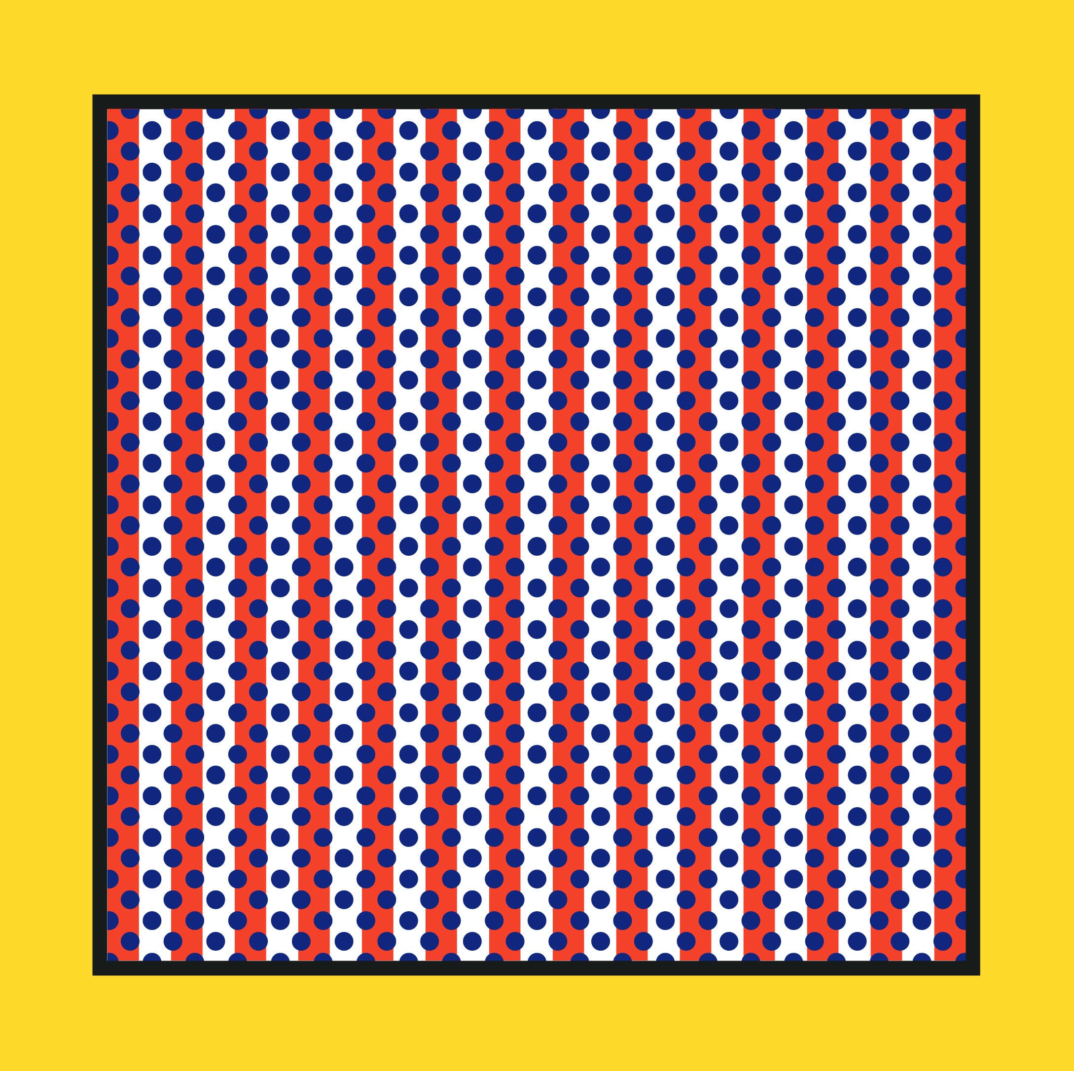 A geometric pattern composed of alternating red and blue vertical stripes on a white background, with rows of red and blue dots aligned horizontally within the stripes. The pattern is encased in a black border with a yellow outer background.