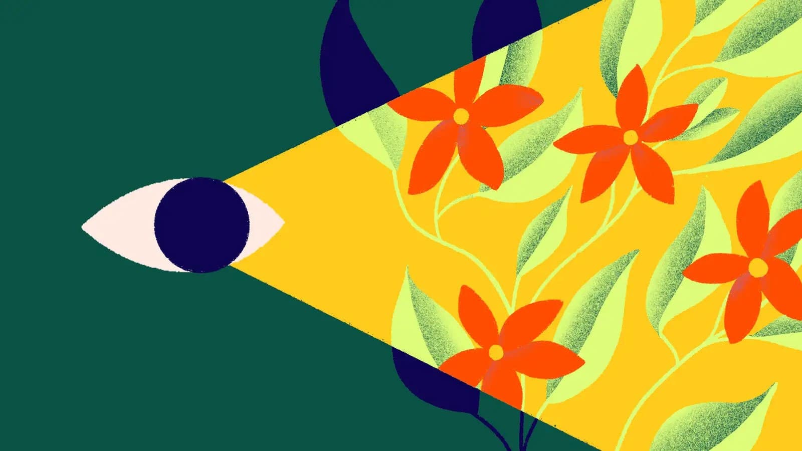 An abstract illustration features an eye on the left projecting a yellow beam. Inside the beam, vibrant orange flowers with green leaves are depicted against a dark green background.