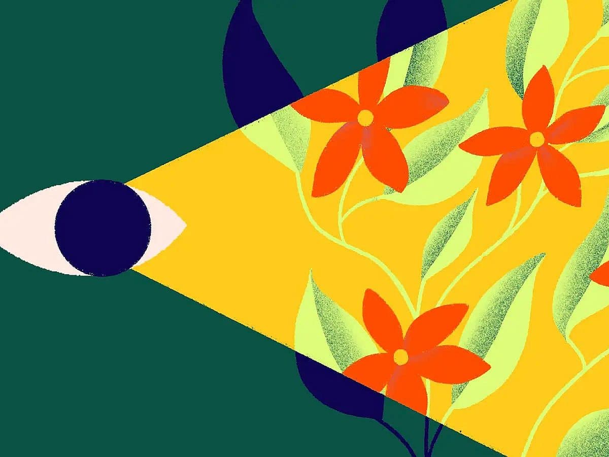 An abstract illustration features an eye on the left projecting a yellow beam. Inside the beam, vibrant orange flowers with green leaves are depicted against a dark green background.
