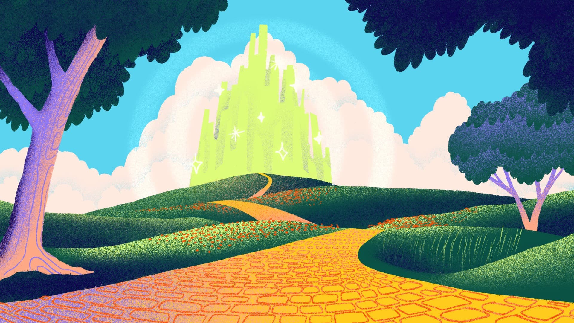 An illustration of a vibrant landscape featuring a yellow brick road winding through green hills towards a glowing, emerald-colored castle on the horizon. The scene is framed by tall trees and fluffy clouds float in the bright blue sky.