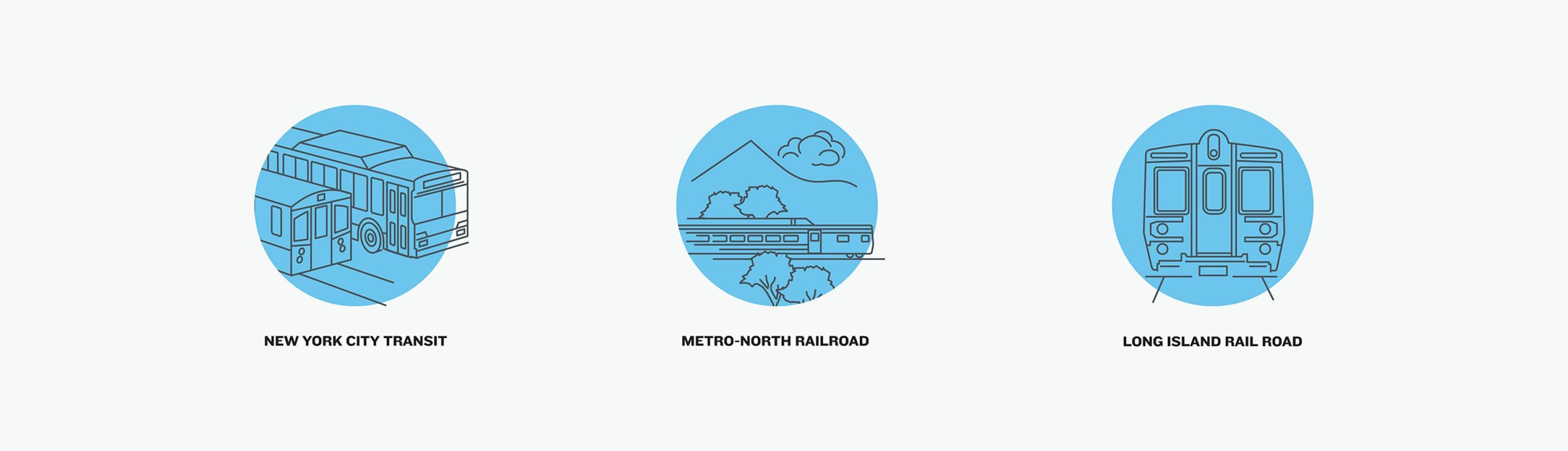 An illustration divided into three blue circles. The first circle shows a New York City Transit train. The second circle depicts a Metro-North Railroad train with mountains in the background. The third circle features a Long Island Rail Road train.