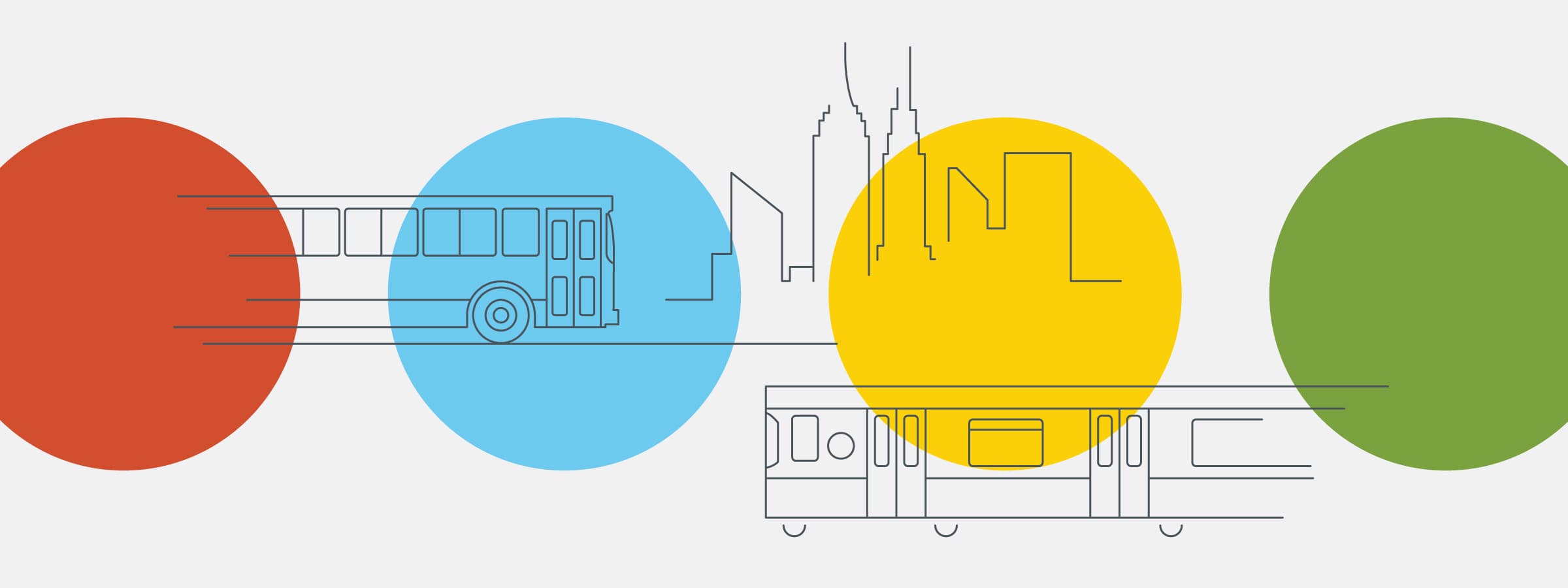 A minimalist illustration features a bus in a red circle, a city skyline in a blue circle, and a subway train in a yellow circle, all on a white background. A green circle is also present. The lines are simple, giving a modern and abstract feel.