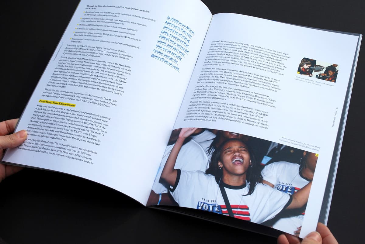 A person is holding open a magazine or booklet. The left page contains blocks of text highlighted in yellow. The right page features an image of a young person in a white patriotic shirt, singing or shouting passionately, surrounded by more text.