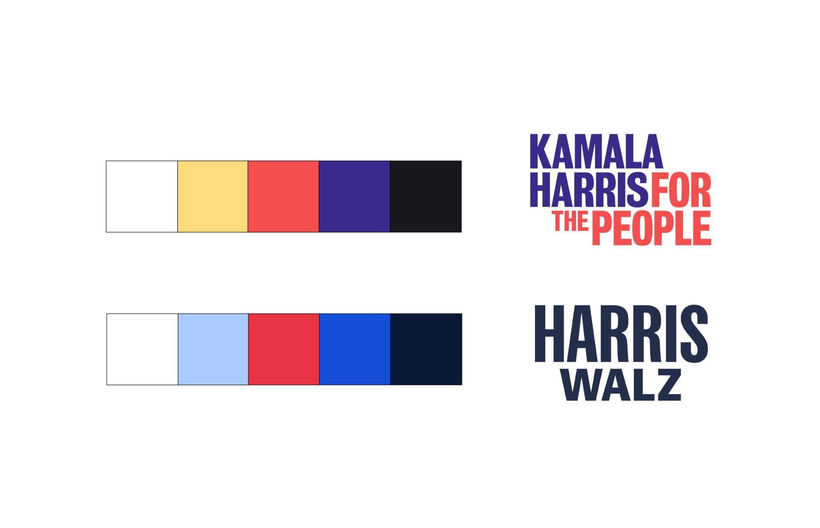 Two color palettes and campaign logos. Top palette: white, gold, red, purple, black bars; logo text: "Kamala Harris For The People" in blue and red. Bottom palette: white, light blue, red, blue, dark blue bars; logo text: "Harris Walz" in blue.