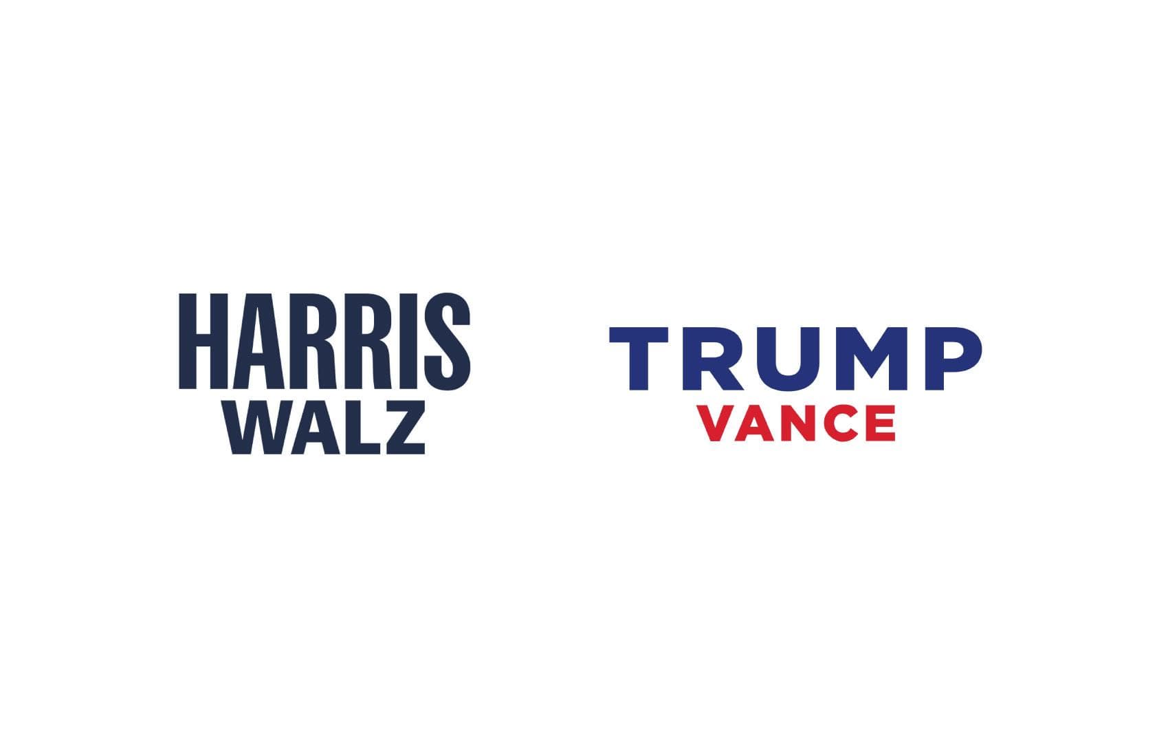 Two logos are side by side. The first on the left reads "Harris Walz" in large blue font. The second on the right reads "Trump Vance" with "Trump" in large blue font and "Vance" in smaller red font below. Both logos are on a white background.