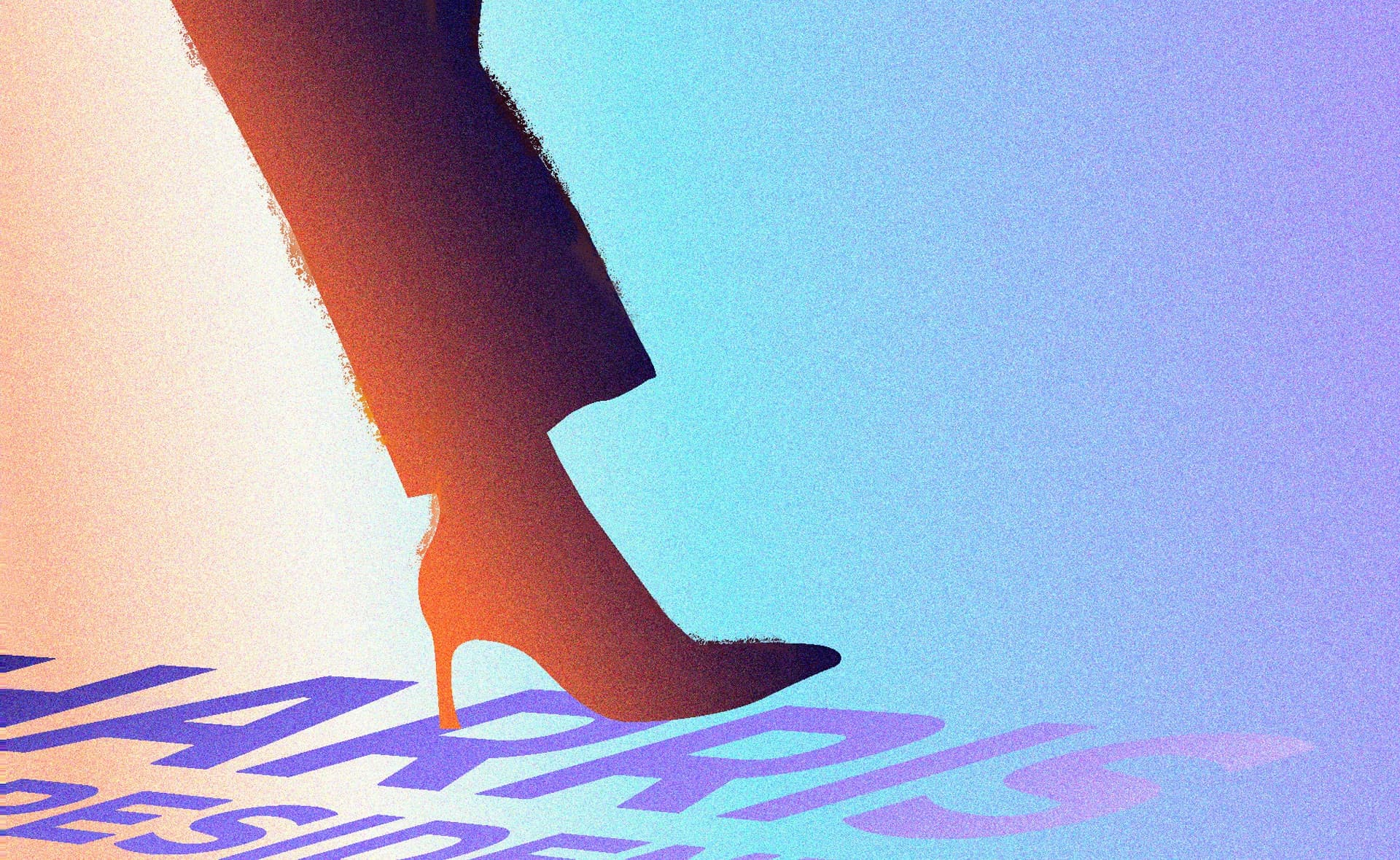 A stylized image shows a close-up of a woman's leg in a pantsuit and high-heeled shoe, stepping onto text that partially reads "HARRIS PRESIDENT." The background features a gradient of blue and purple hues.