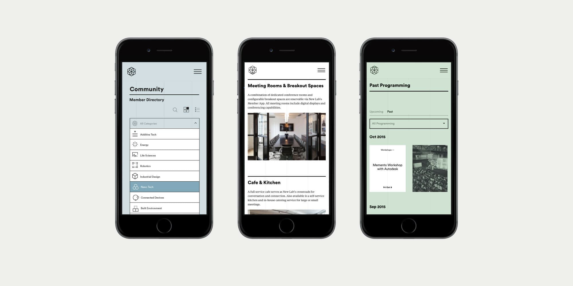 Three smartphones displaying different screens of an app. The first phone shows a member directory, the second shows information about meeting rooms and break-out spaces with an image of a kitchen, and the third displays past programming events for September 2019.