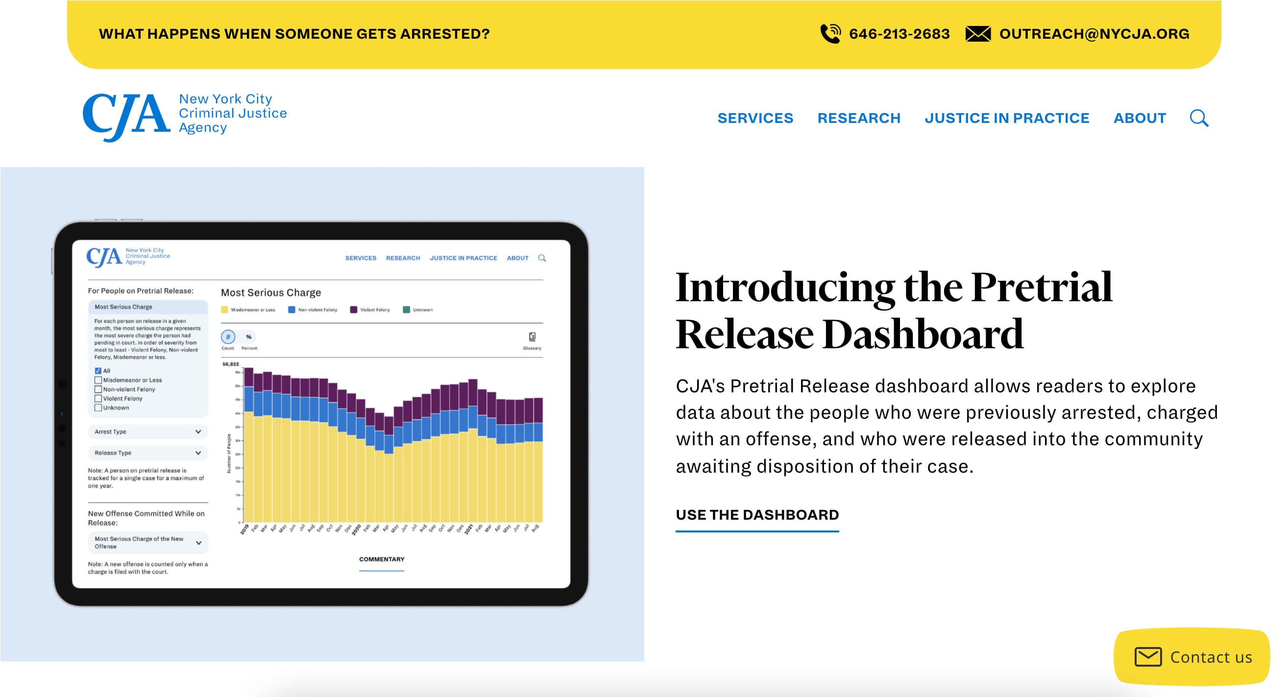 An infographic-style image from the New York City Criminal Justice Agency website. It features a tablet displaying a bar chart titled "Most Serious Charge" with an introduction to the Pretrial Release Dashboard. Contact information is provided at the top.