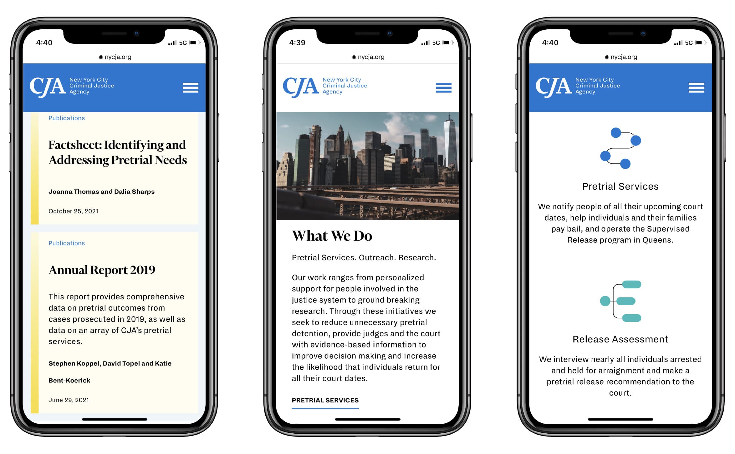 Three smartphones display different pages of the CJA website. The first screen shows a factsheet titled "Identifying and Addressing Pretrial Needs," the second screen has information under "What We Do," and the third screen highlights "Pretrial Services" and "Release Assessment.