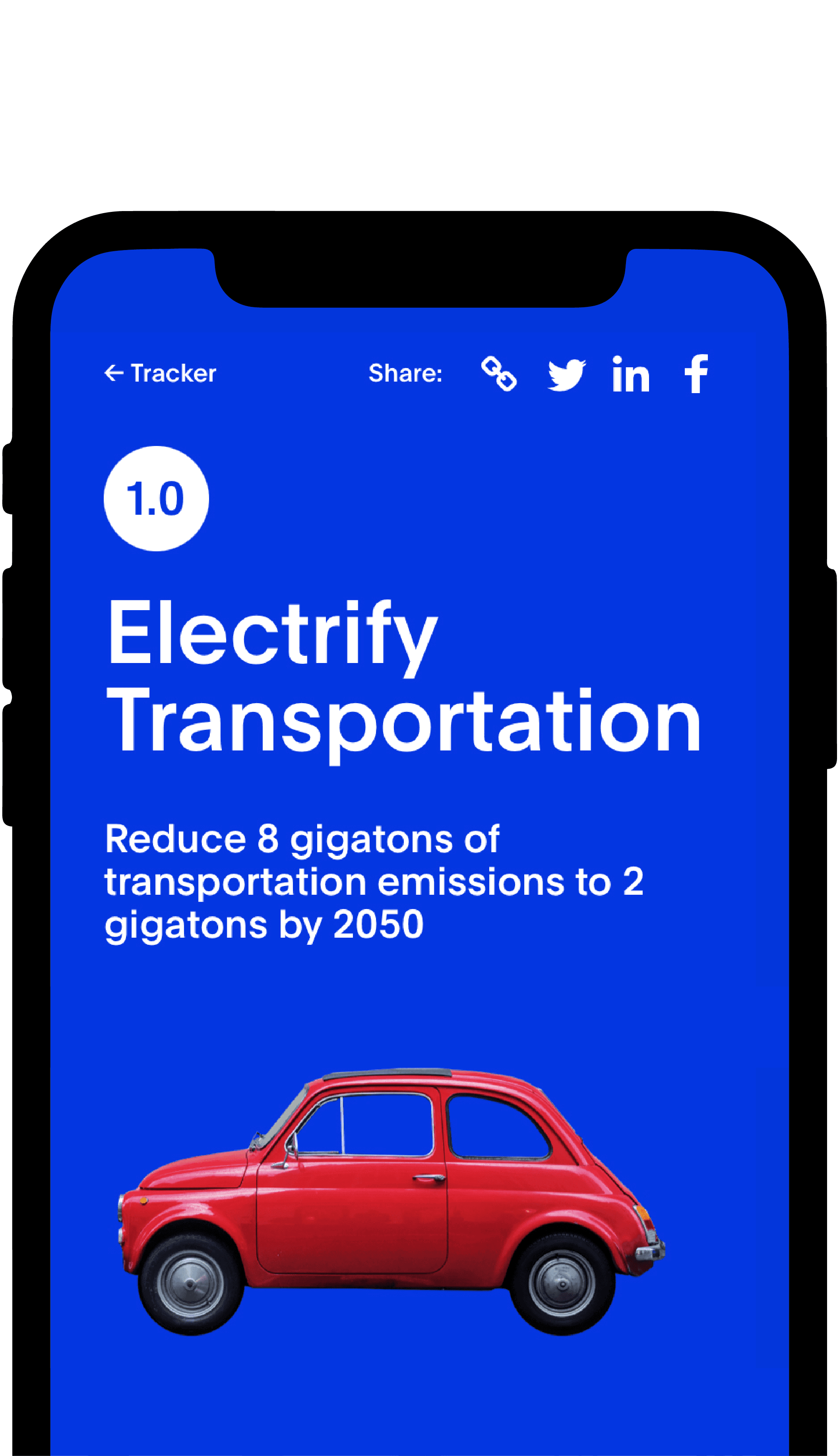 A mobile phone screen displays an app with a blue background. The text reads, "Electrify Transportation," and "Reduce 8 gigatons of transportation emissions to 2 gigatons by 2050." A red vintage car is shown at the bottom. Social media and settings icons are at the top.