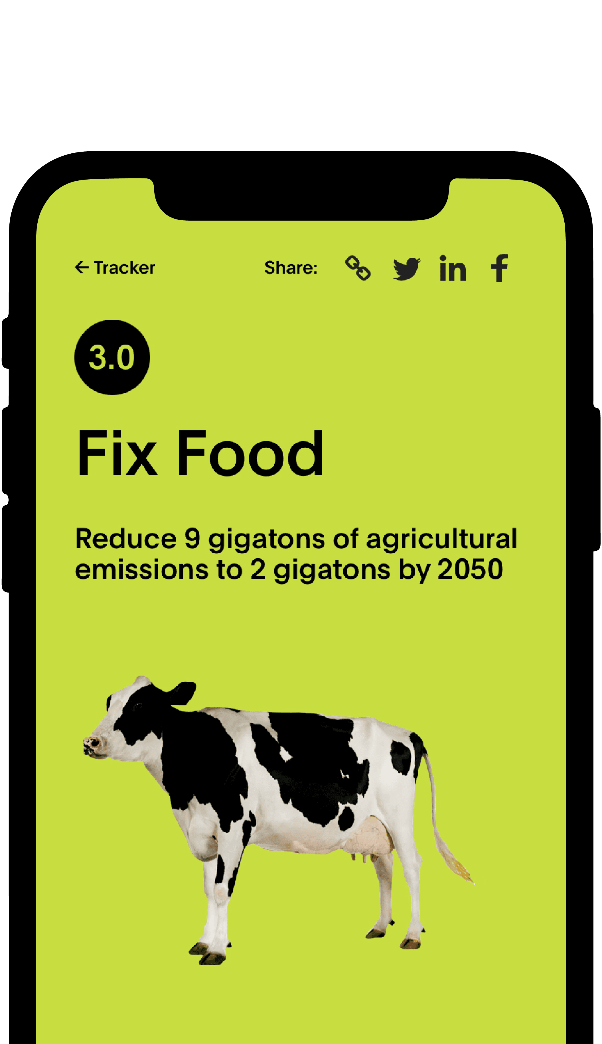 Smartphone screen displaying a bright green background with text and social media icons. The text reads, "Fix Food: Reduce 9 gigatons of agricultural emissions to 2 gigatons by 2050." It features an image of a black and white cow near the bottom.