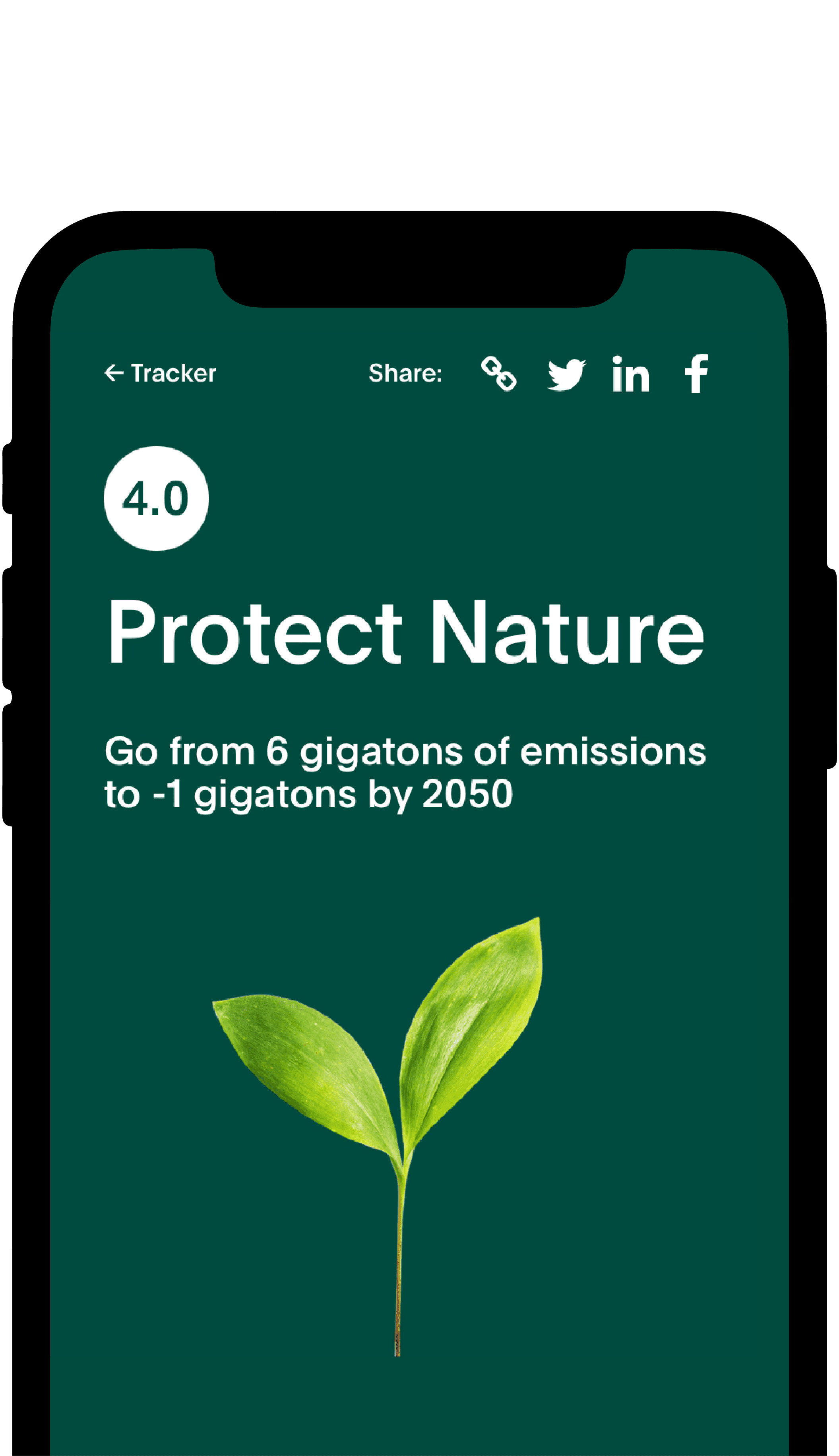 A smartphone screen displays an app interface with a green background. Text reads "4.0 Protect Nature" with a subheading, "Go from 6 gigatons of emissions to -1 gigatons by 2050." An image of two green leaves is centered below the text. Social media icons are at the top.