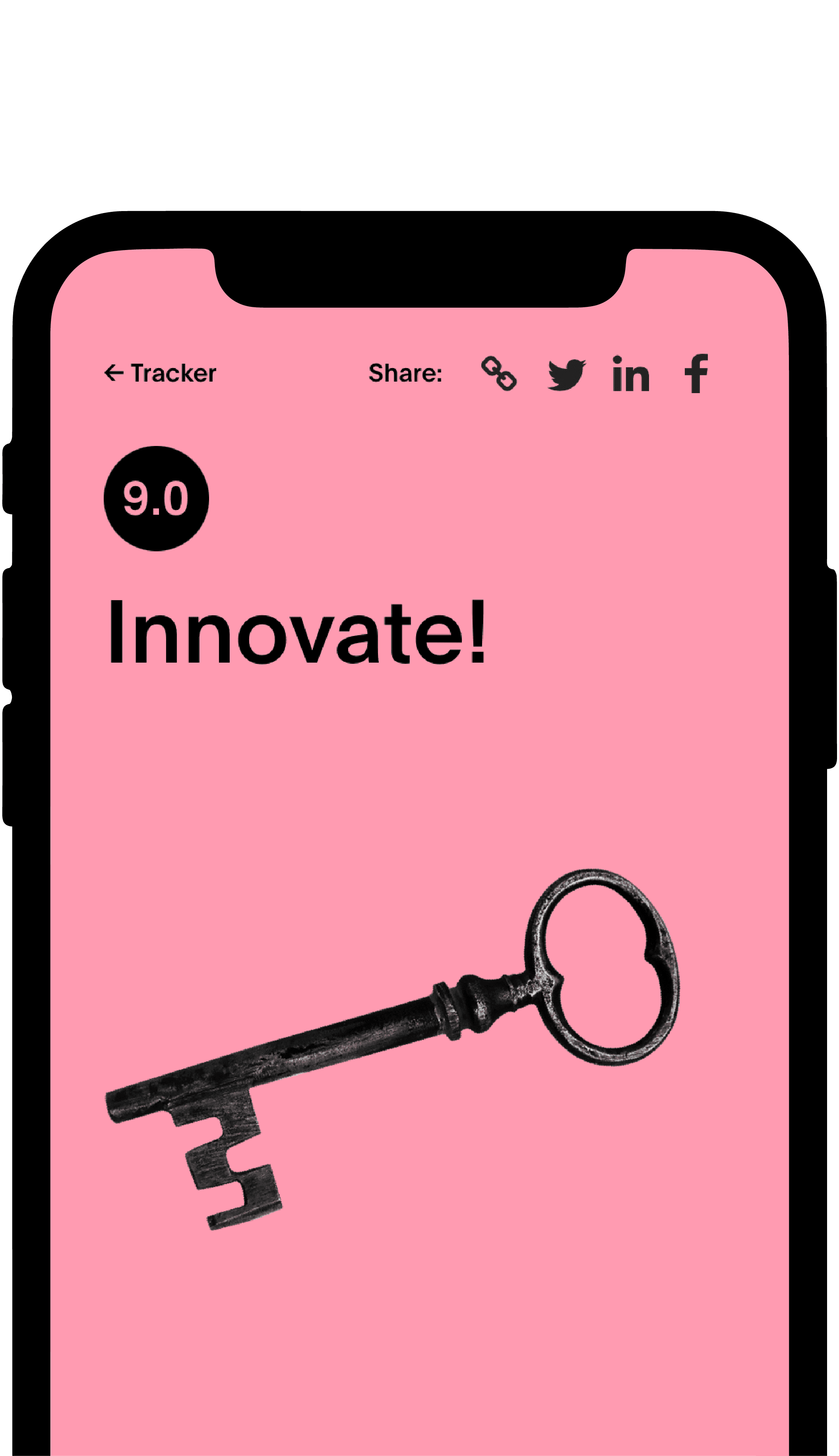 A smartphone displays a pink screen with a vintage key image and the word "Innovate!" in bold, black text. There's a rating of "9.0" in a black circle at the top left corner, and share icons for link, Twitter, LinkedIn, and Facebook at the top right corner.