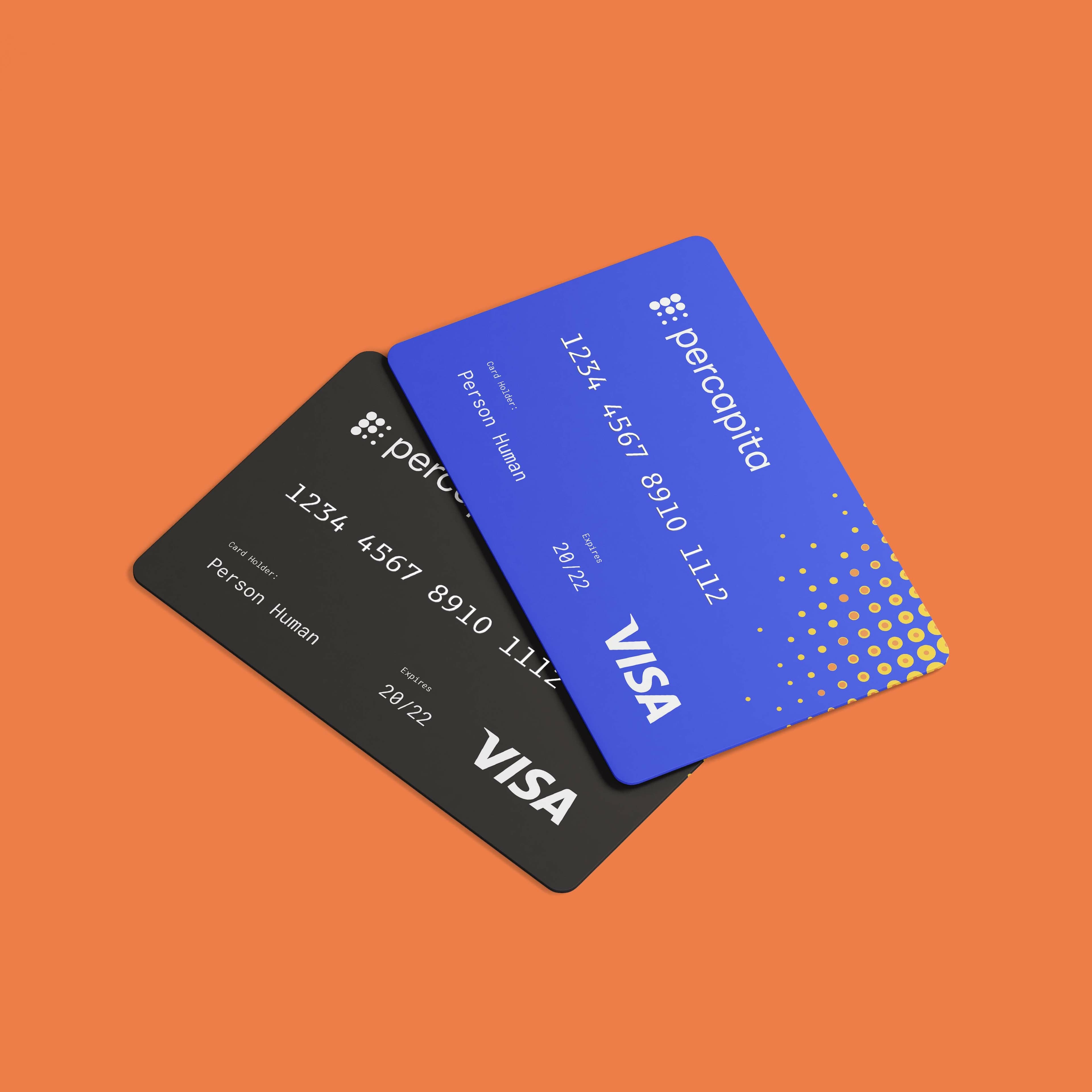 A blue and a black VISA credit card are overlapping each other on an orange background. Both cards display the card number, the name "Person Name," and an expiration date. The blue card has yellow dots on the right side and the logo "percepita" at the top left corner.