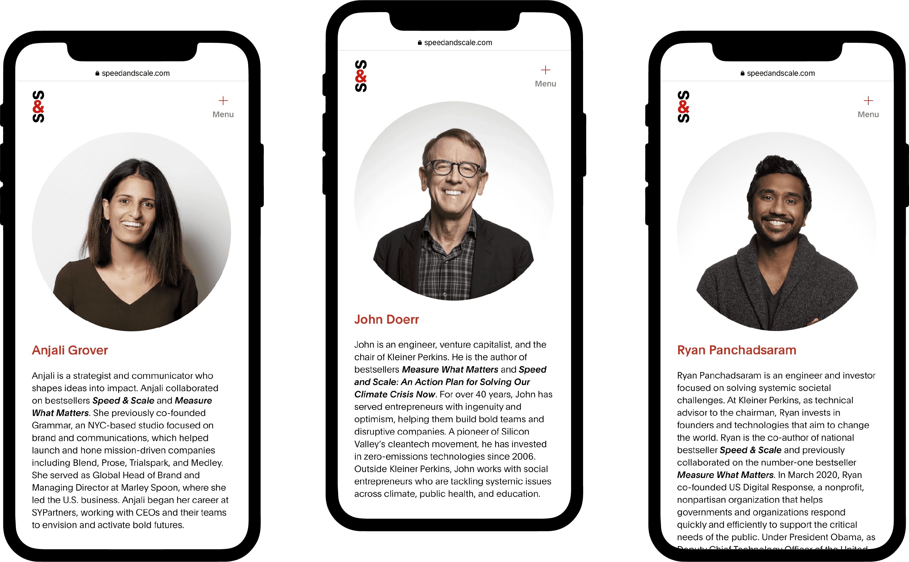 Three smartphone screens displaying profiles of three individuals: Anjali Grover, John Doerr, and Ryan Panchadsaram. Each profile includes a portrait photo, name, and a detailed bio. The background is white with the website "speedandscale.com" on top.